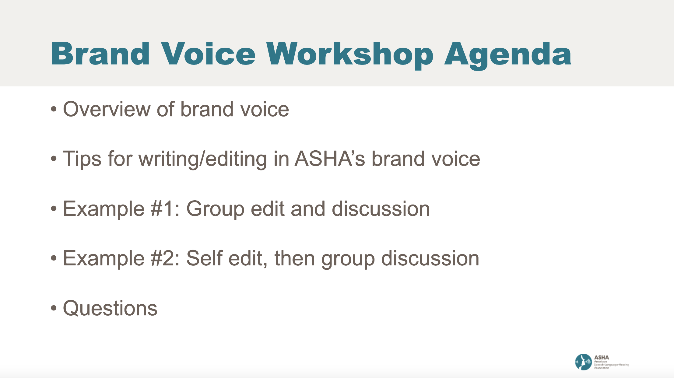 Agenda for one of our brand voice workshops for ASHA staff