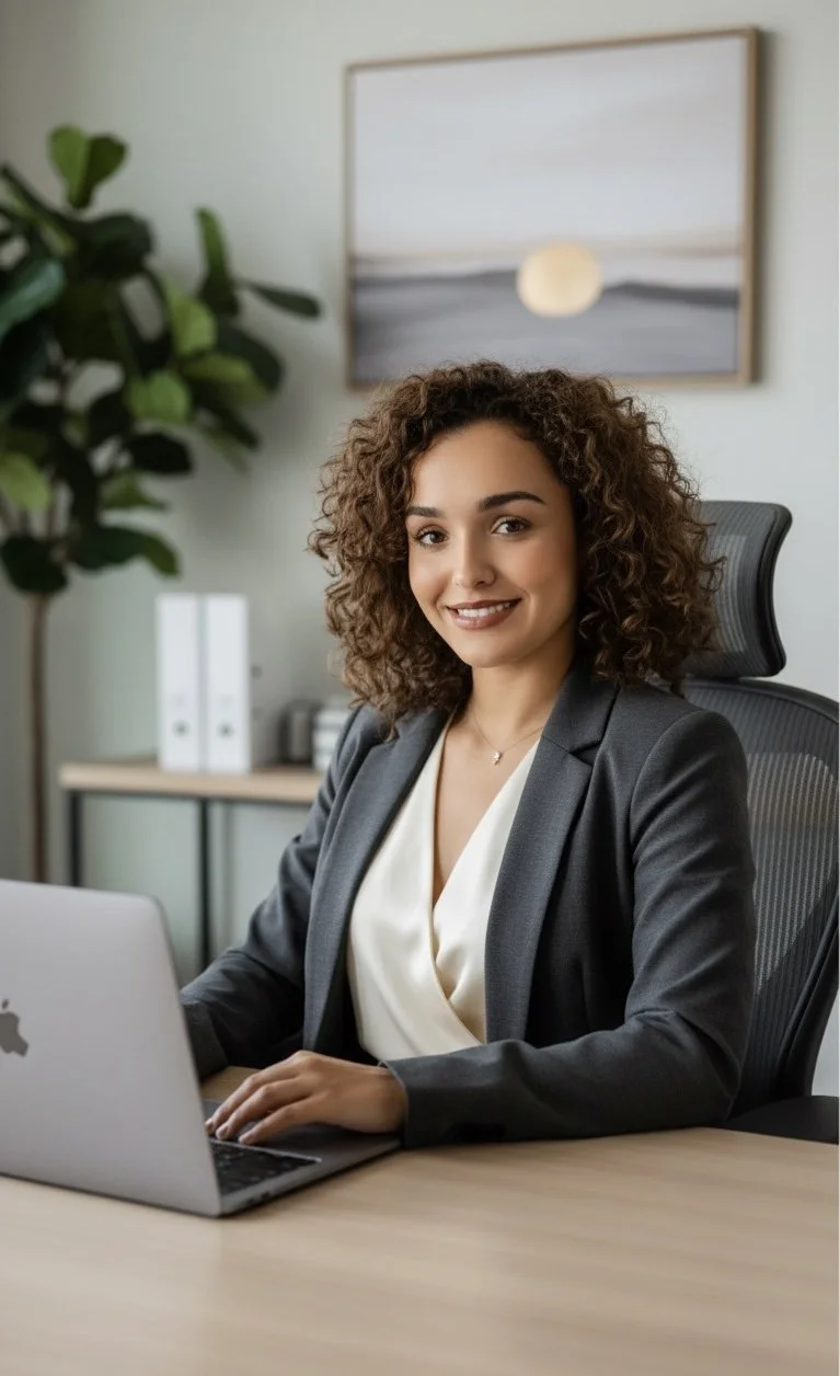 A young woman with curly hair sitting at a desk in an office, smiling at the camera, with a laptop in front of her and a large green plant behind her.