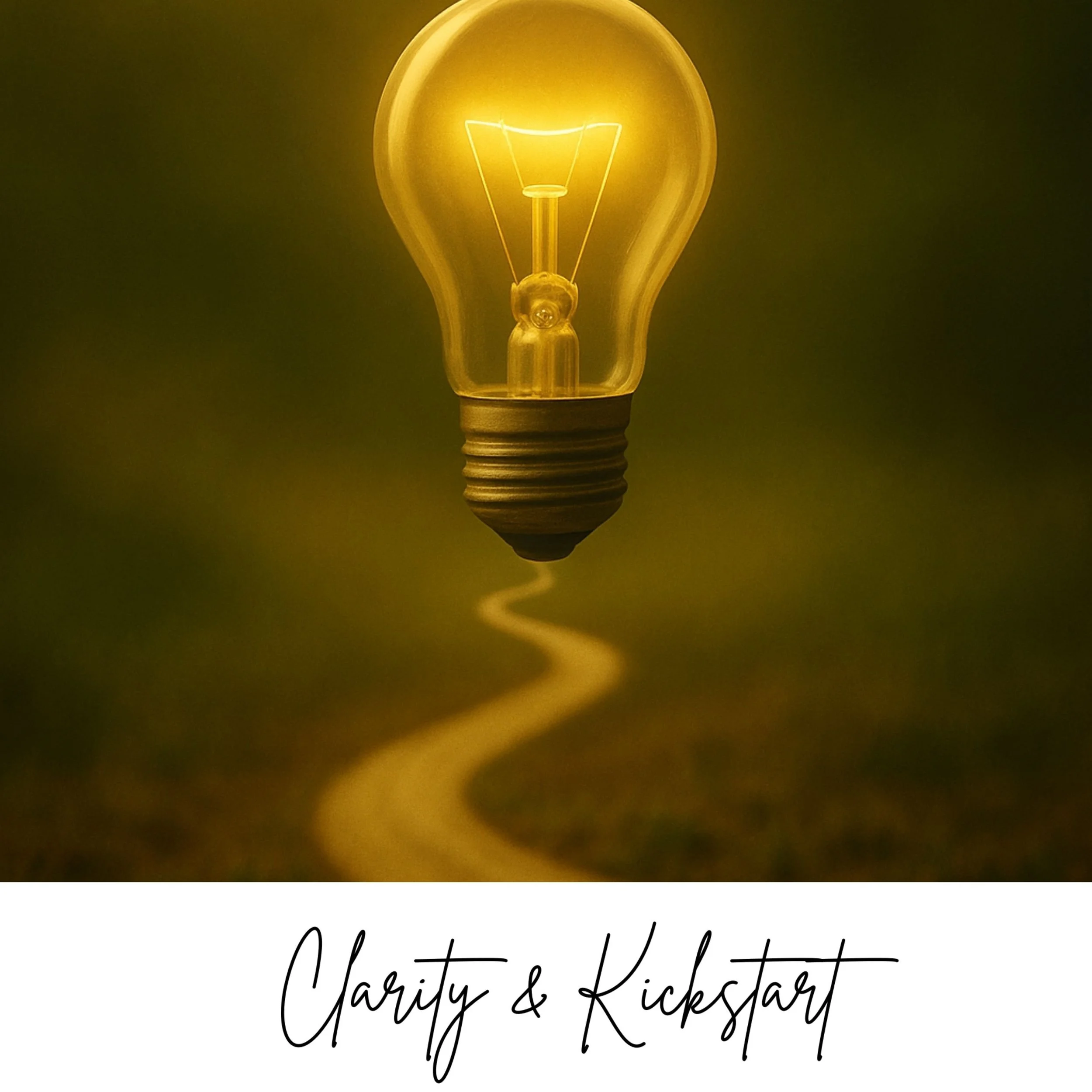 A glowing yellow light bulb with a bright filament, floating above a winding yellow path in a dark background. The text "Clarity & Kickstart" is written in cursive at the bottom.