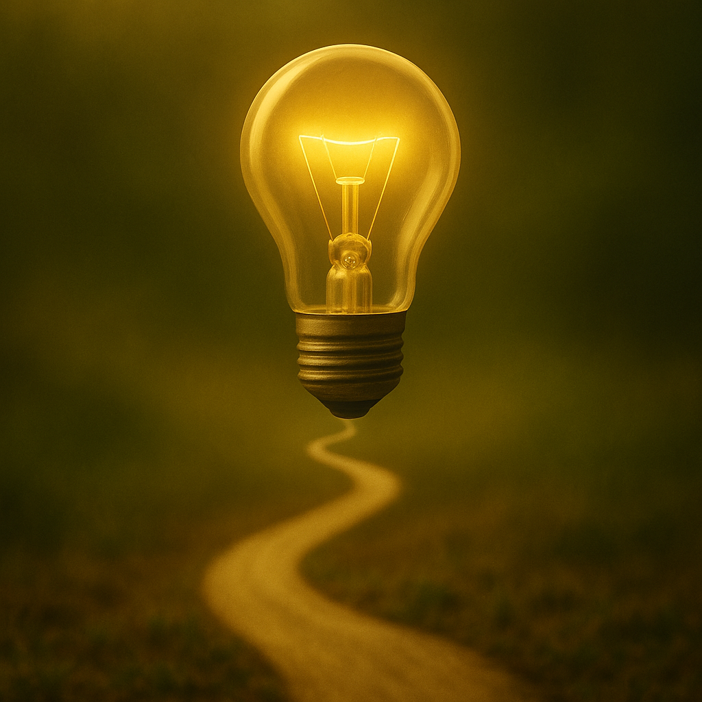 A glowing light bulb with a winding path beneath it against a dark background.