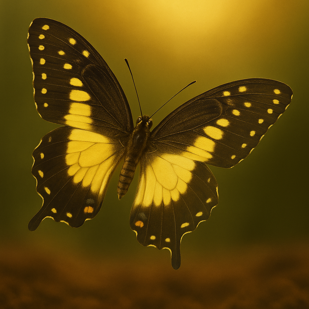 Close-up of a yellow and black butterfly in flight with a blurred yellow-green background.