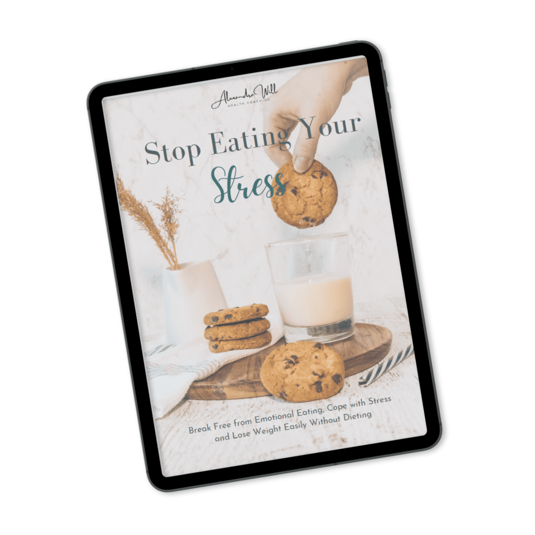 E-book cover titled 'Stop Eating Your Stress' with a hand dropping a cookie into a glass of milk, surrounded by cookies and a small potted plant on a wooden board.