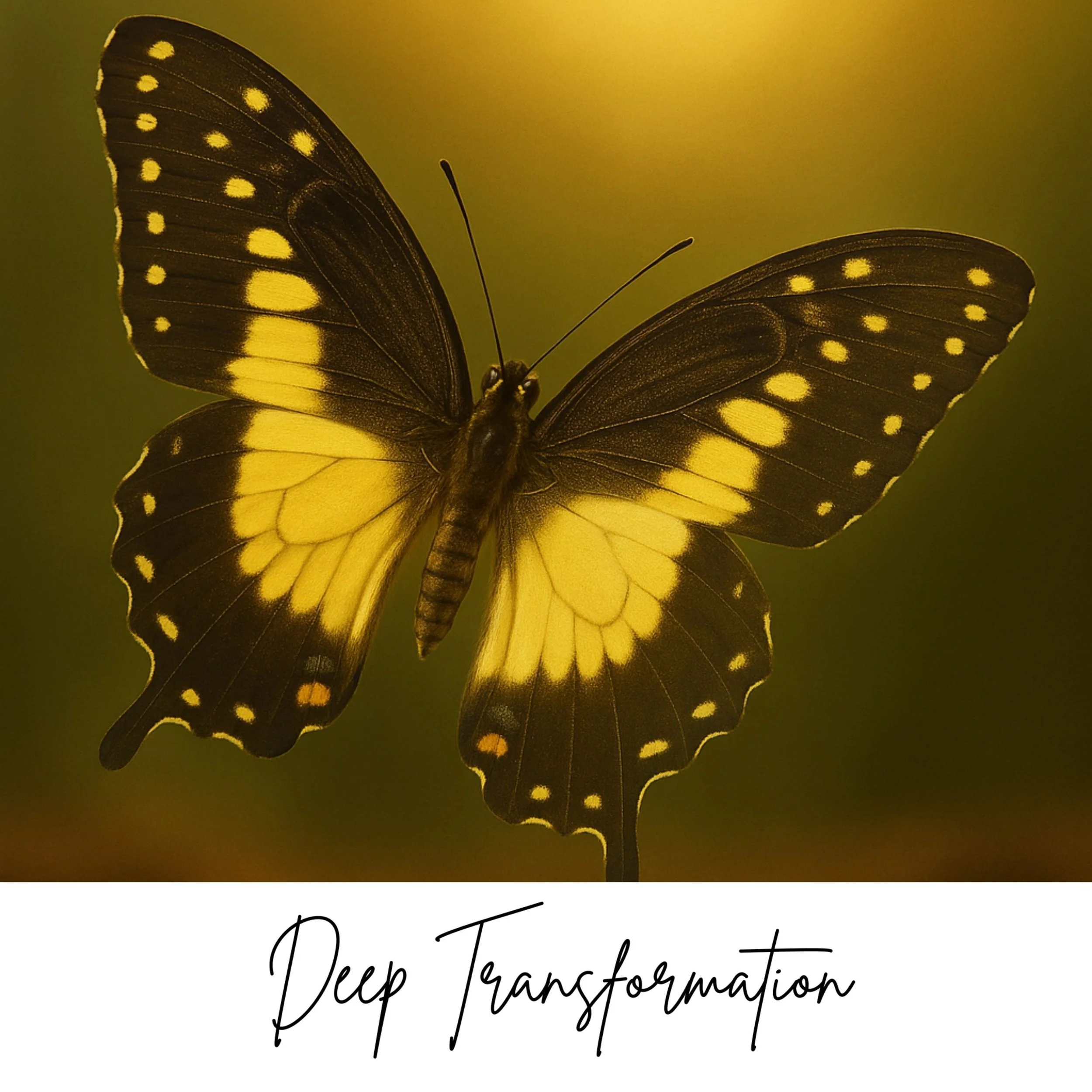 A butterfly with black and yellow wings, spreading its wings, with a background that has a gradient from yellow to brown, and the text 'Deep Transformation' at the bottom.