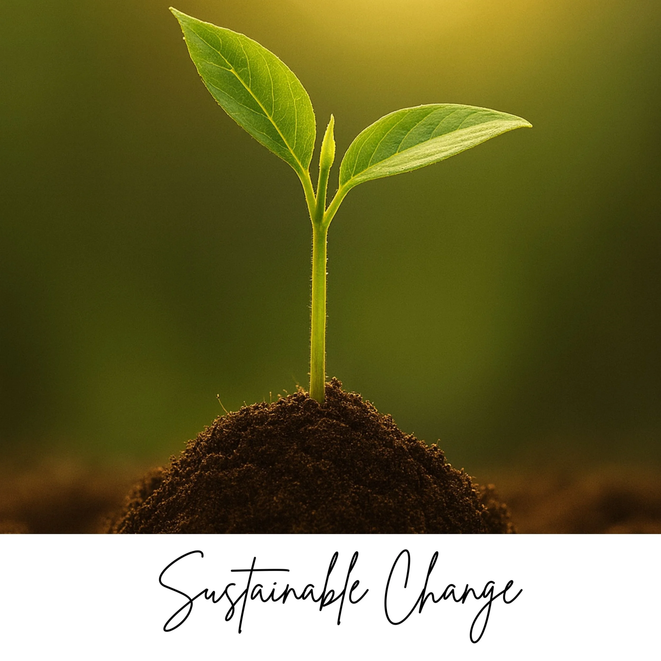 A young green plant sprouting from dark soil with a blurred green background, captioned 'Sustainable Change'.