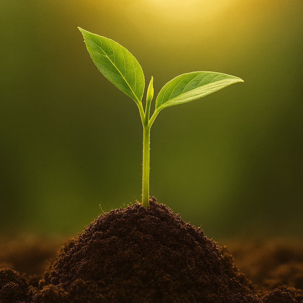 Young green plant sprouting from dark soil, illuminated by soft light, symbolizing growth and new beginnings.