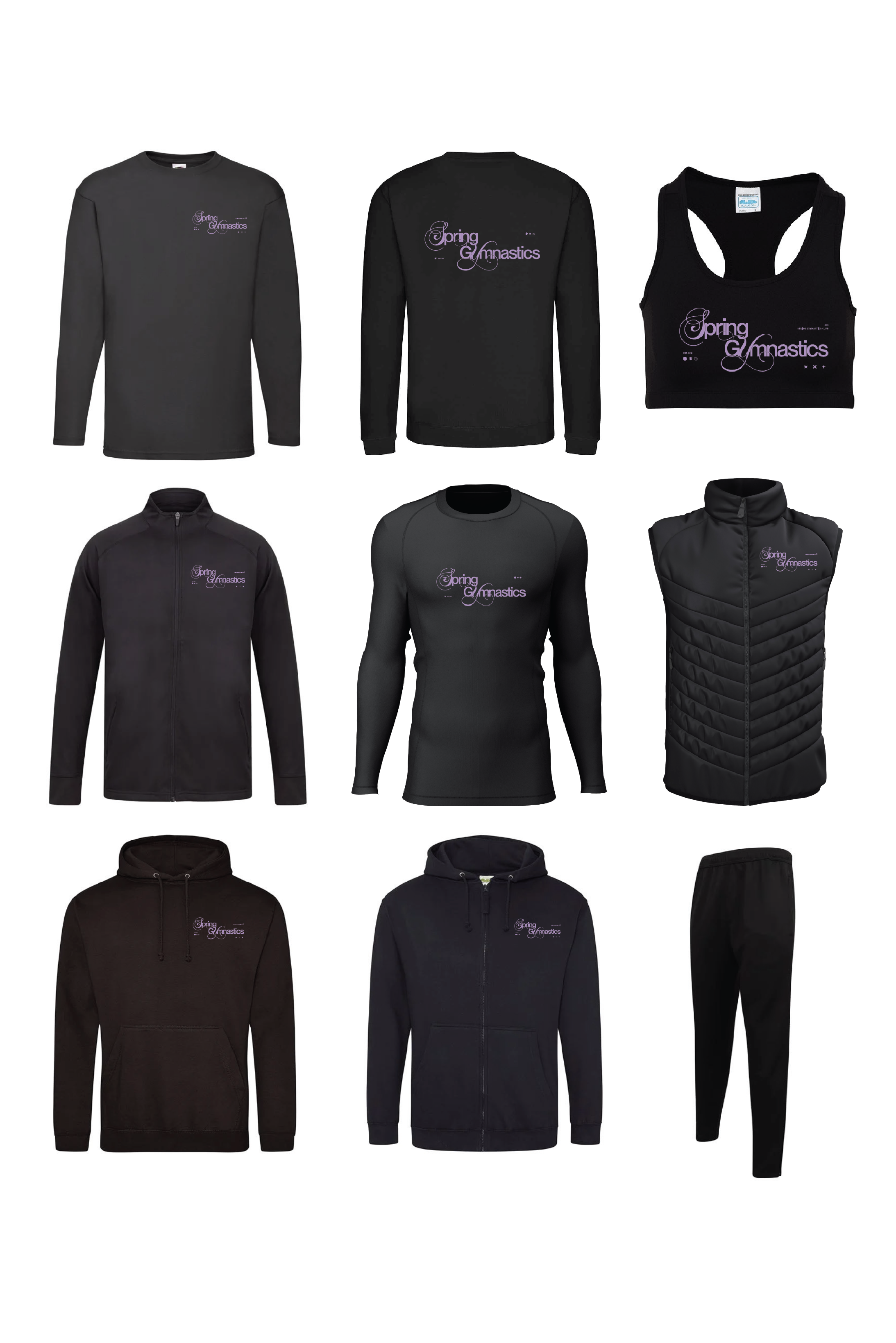 Collection of black athletic apparel, including sweatshirts, a tank top, a vest, a hoodie, and pants, all branded with 'Spring Gymnastics' logo in purple.