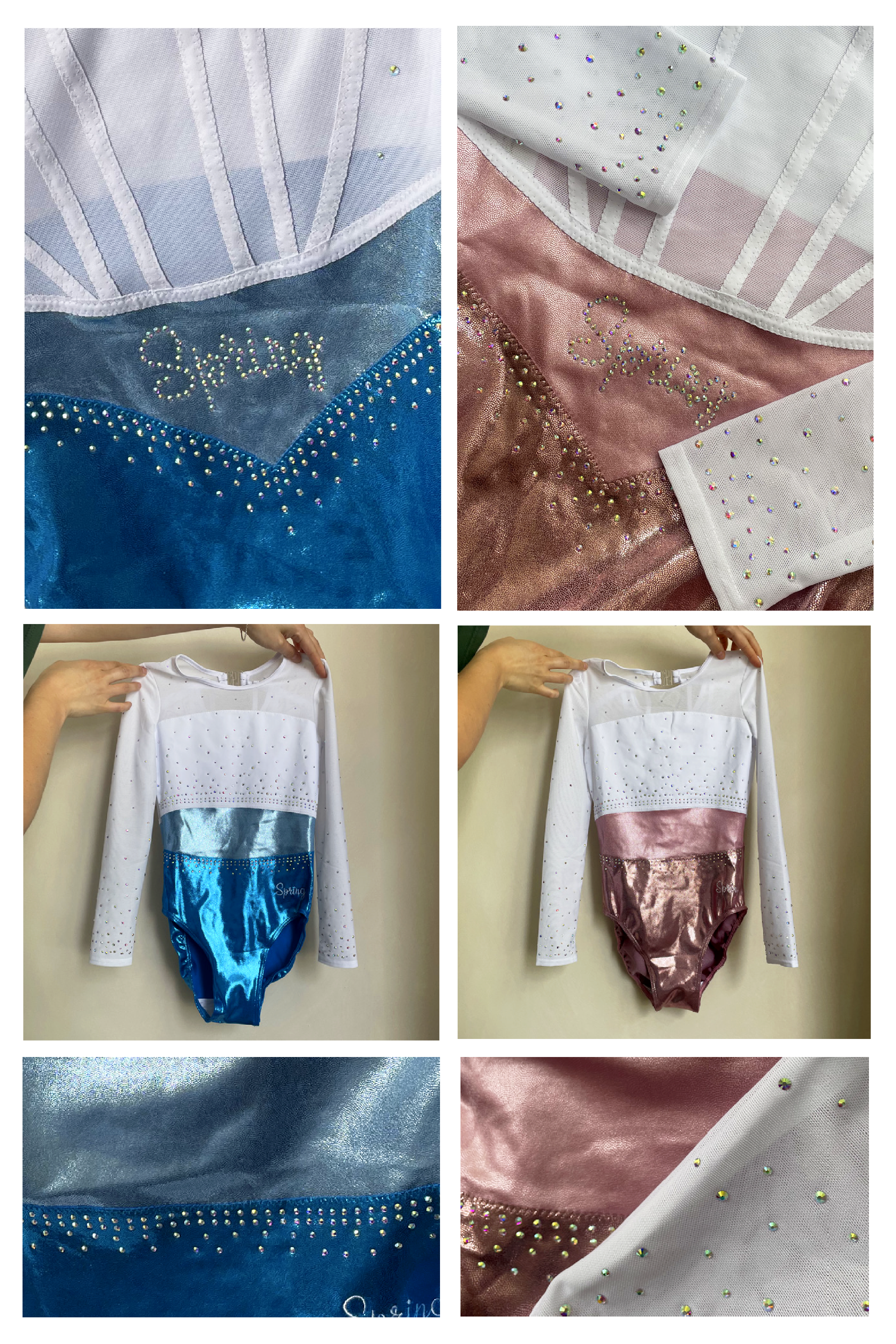 Close-up of two ballet leotards decorated with rhinestones, one blue with silver accent and one pink with gold accent, and two images of the full leotards hanging on a wall, showing the white mesh top with rhinestone details and the satin bodysuit wi