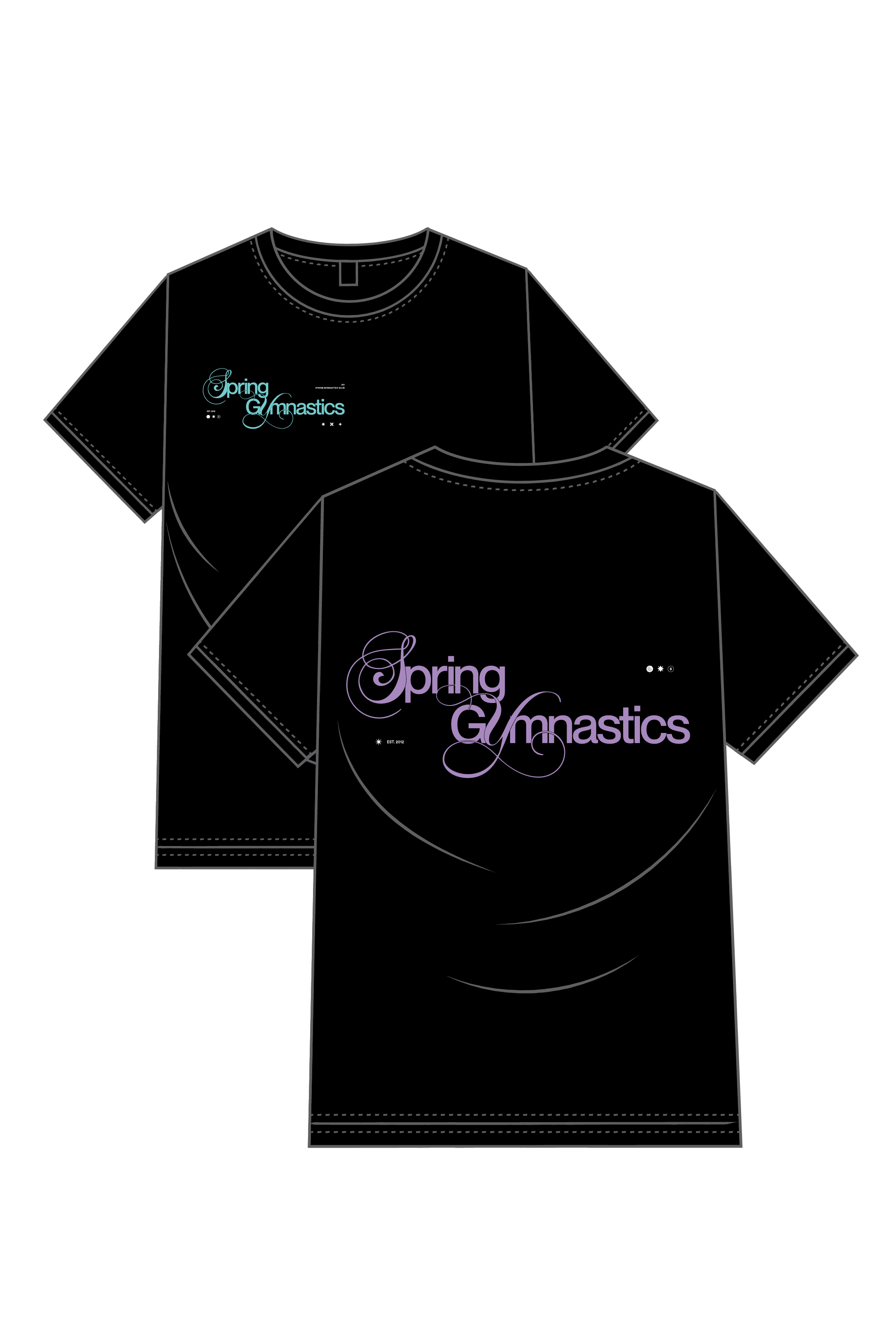 Two black T-shirts with colorful text logo that reads "Spring Gymnastics" in different fonts, one in blue and one in purple.