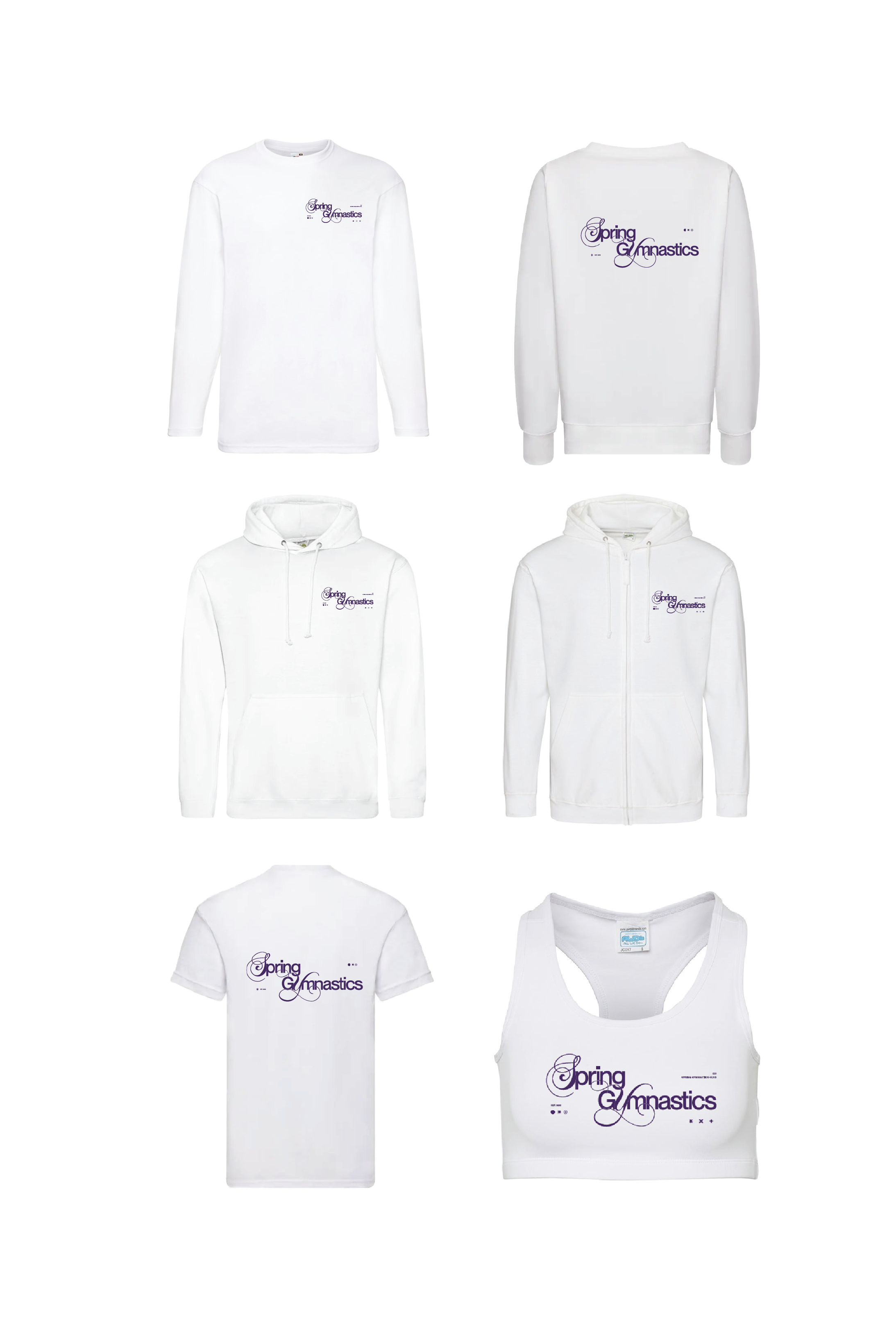 Collection of white athletic clothing with purple 'Spring Gymnastics' logo, including long-sleeve shirts, hoodies, a tank top, and a T-shirt.