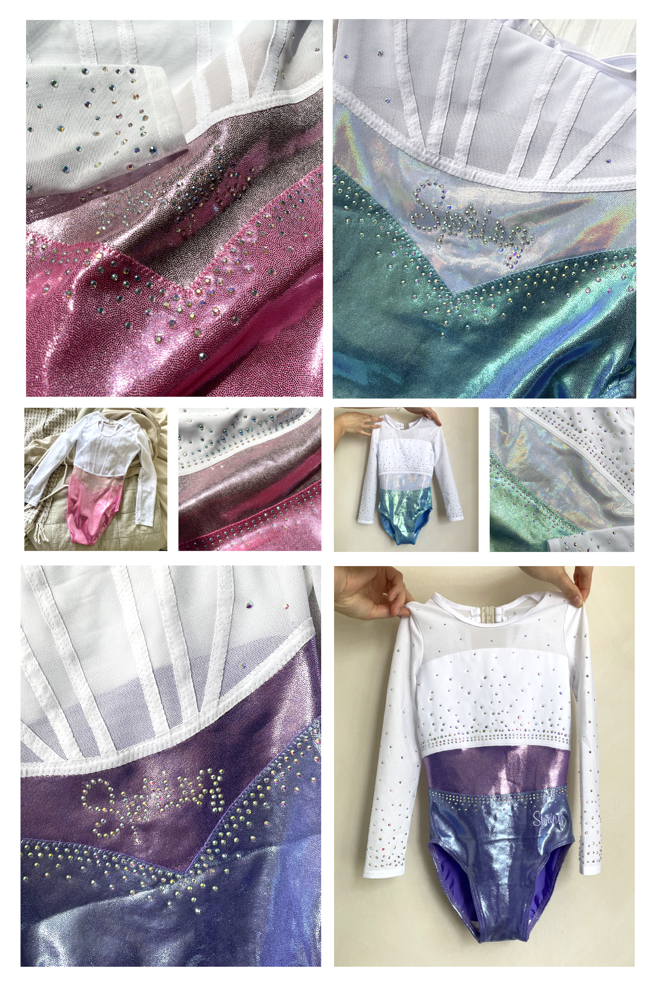 A close-up of a sparkly leotard with rhinestones, a white and holographic fabric, and the name 'Sabrina' embroidered in rhinestones. Several photos show the full leotard, including one laid flat and another being held up.