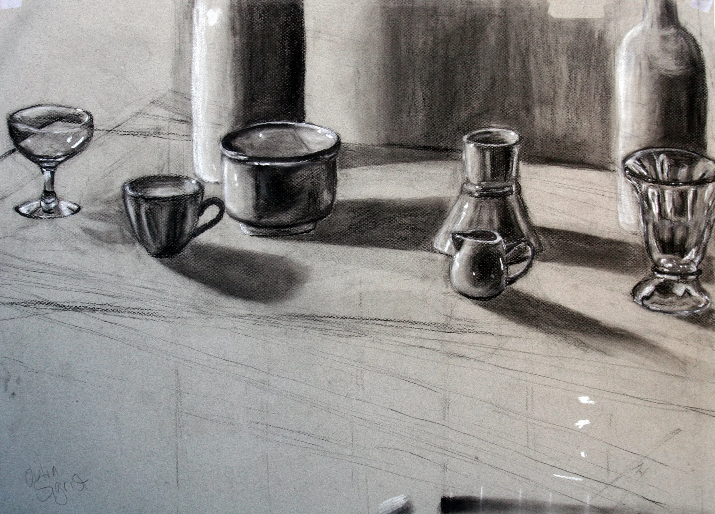 Table Still Life | Charcoal on paper. This piece was completed during my time at Howard Community College in my Drawing I class. 