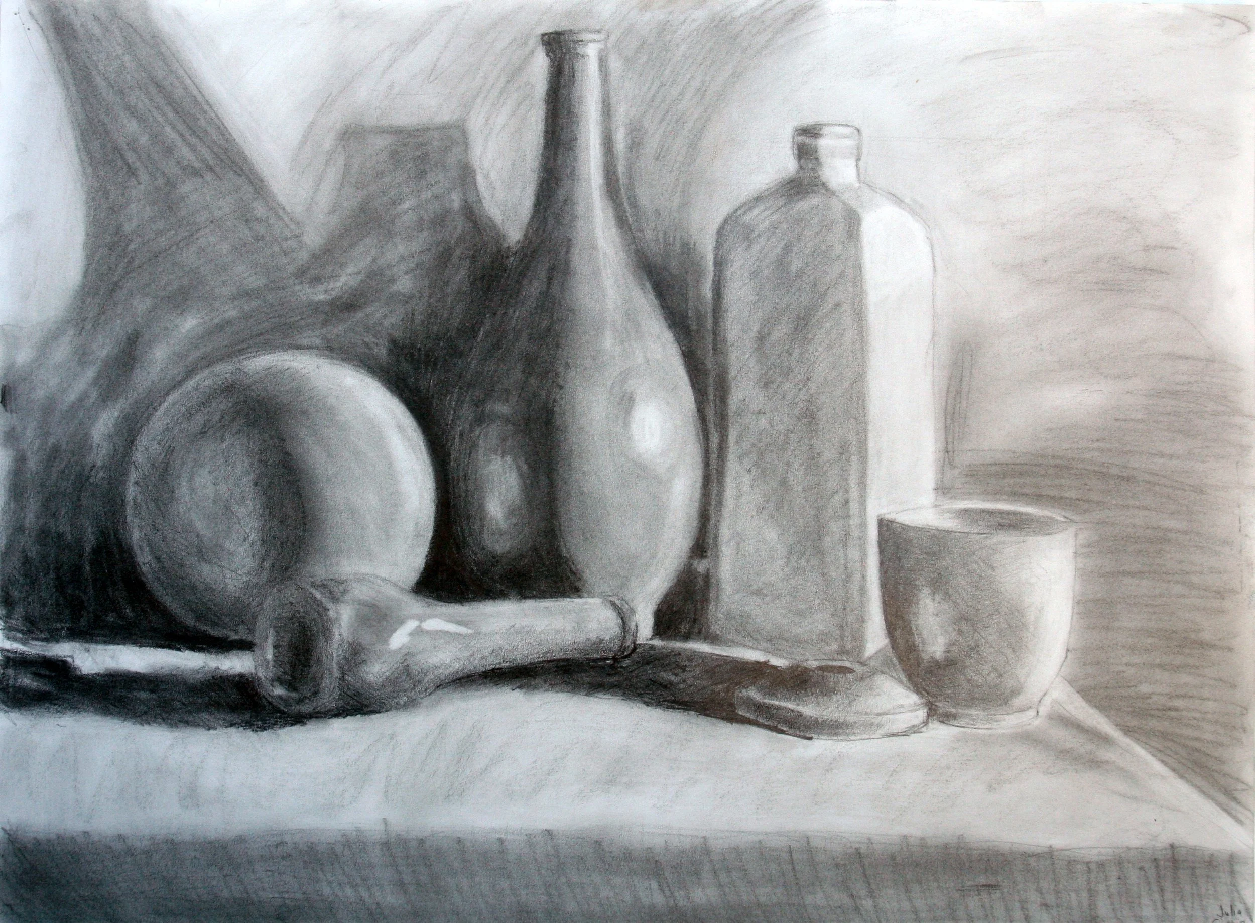Bottle Still Life | Charcoal on paper. This piece was completed during my time at Howard Community College in my Drawing II class. 