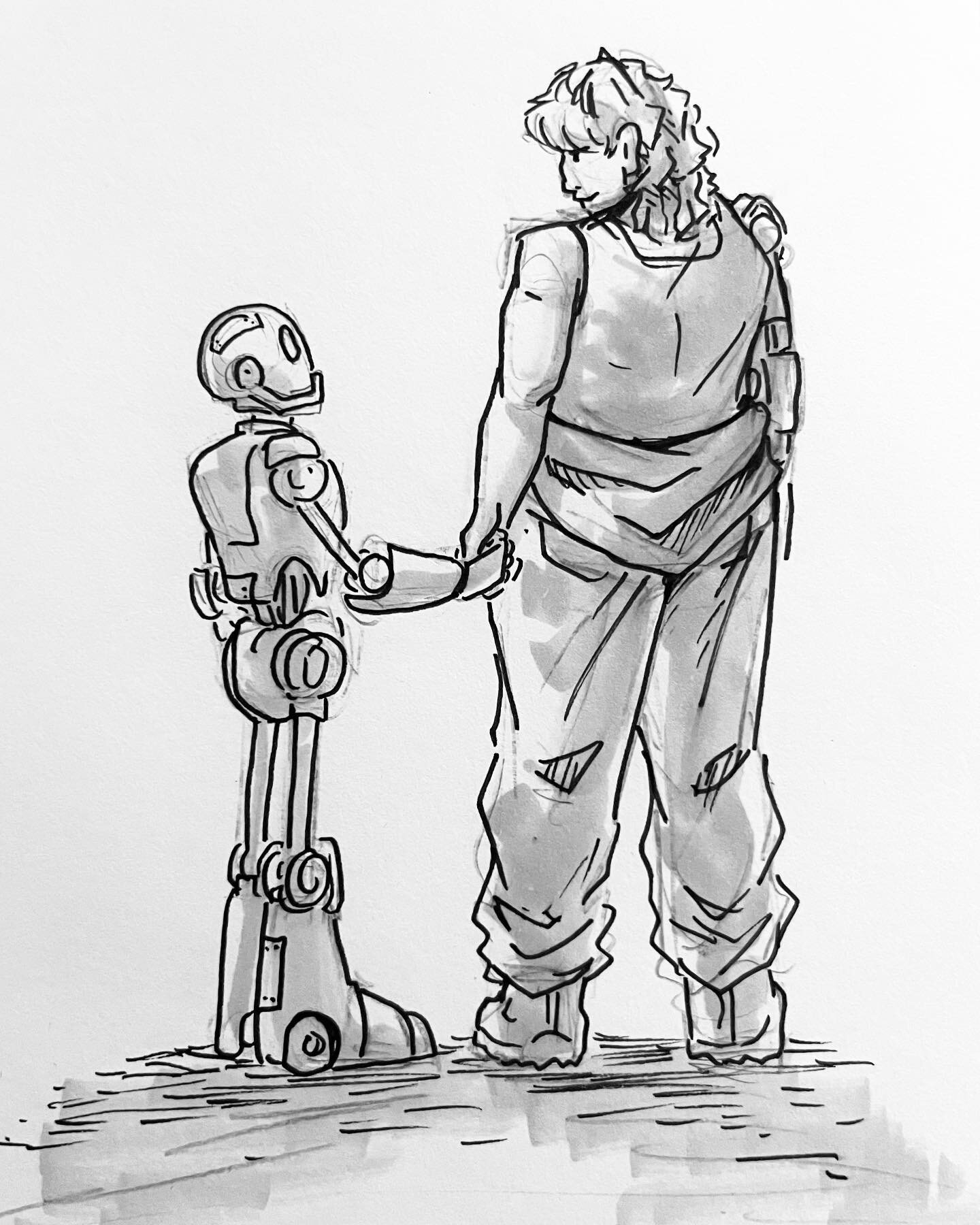 sketches from my senior thesis! my thesis is a found family cyberpunk store with a mechanical engineer named Marcy (human) and a robot with memory loss named R7D3R &ldquo;Ryder&rdquo; (robot). I&rsquo;ll be posting more art of these two over the next