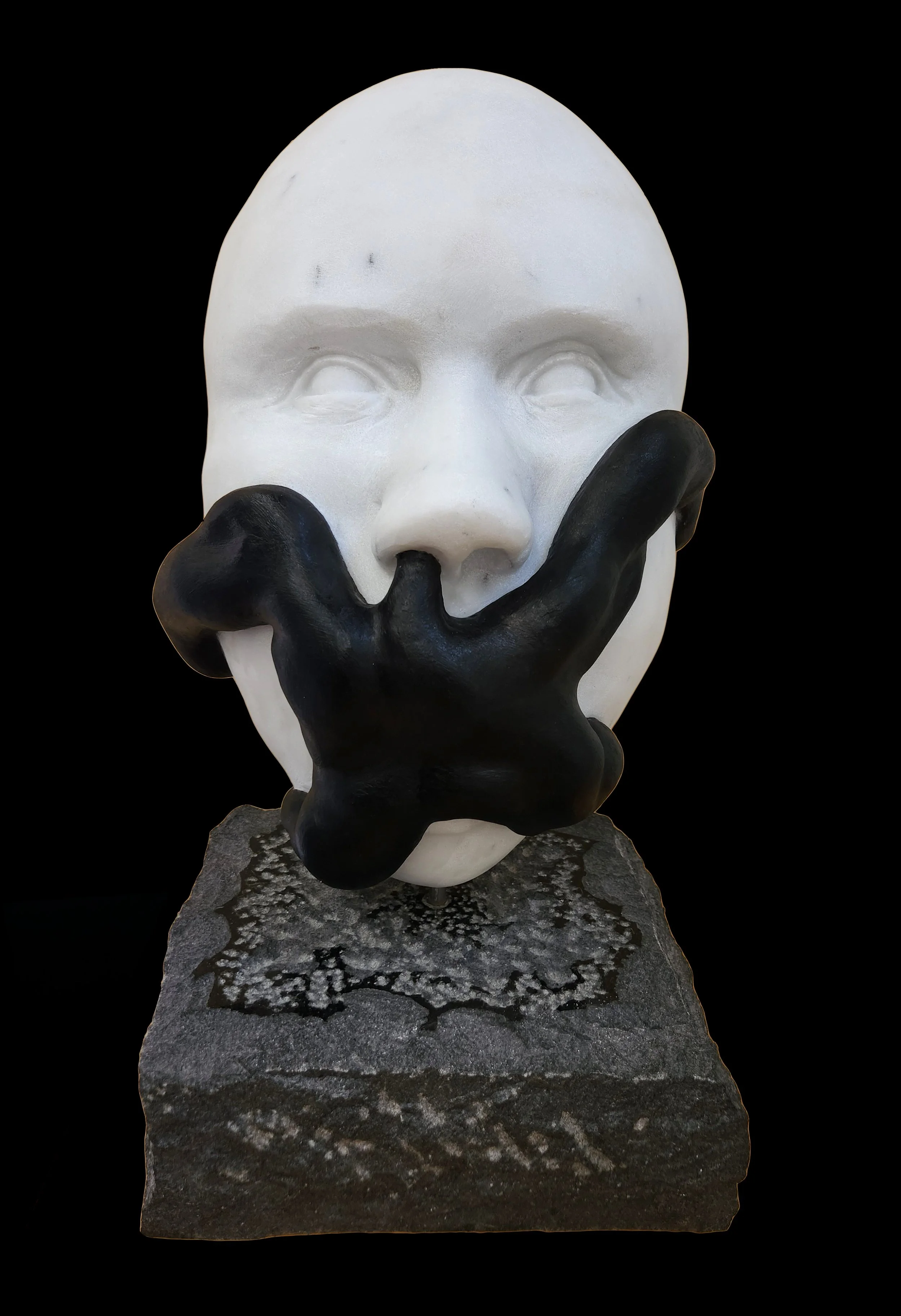 "Eating Cats and Dogs (The Wretched Man I've Become)" 2025. marble and ink on granite base. 20" x 11" x11"