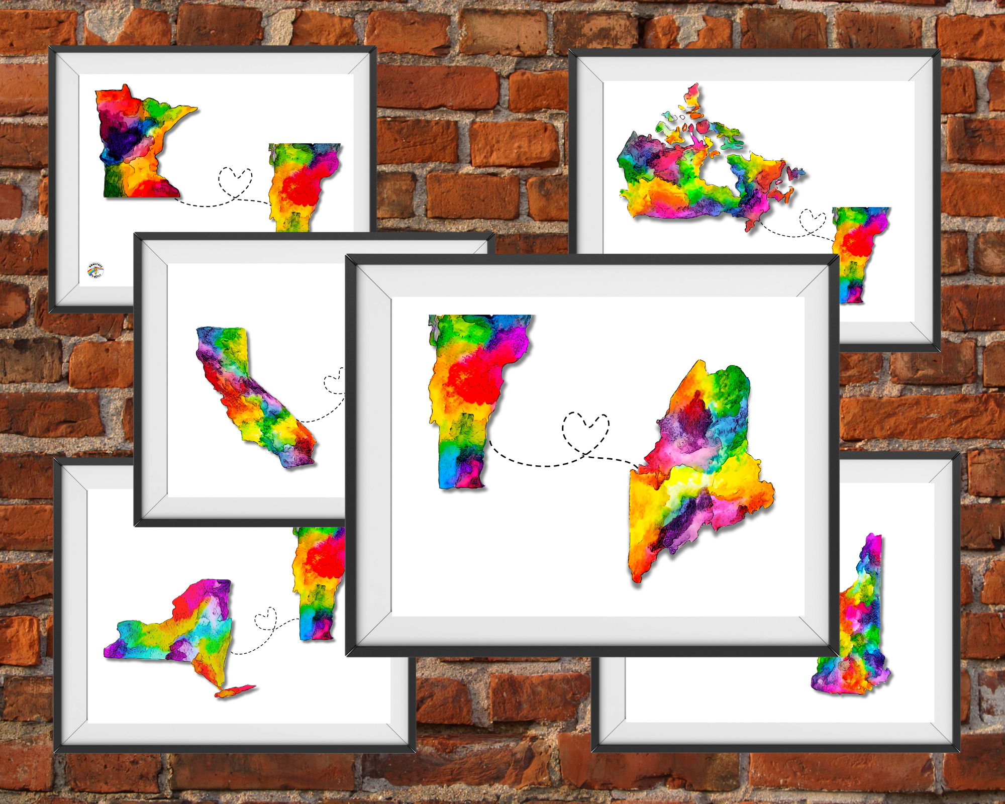 Vermont Rainbow States Print. Watercolor print of Vermont connected to other states with a line and a heart.