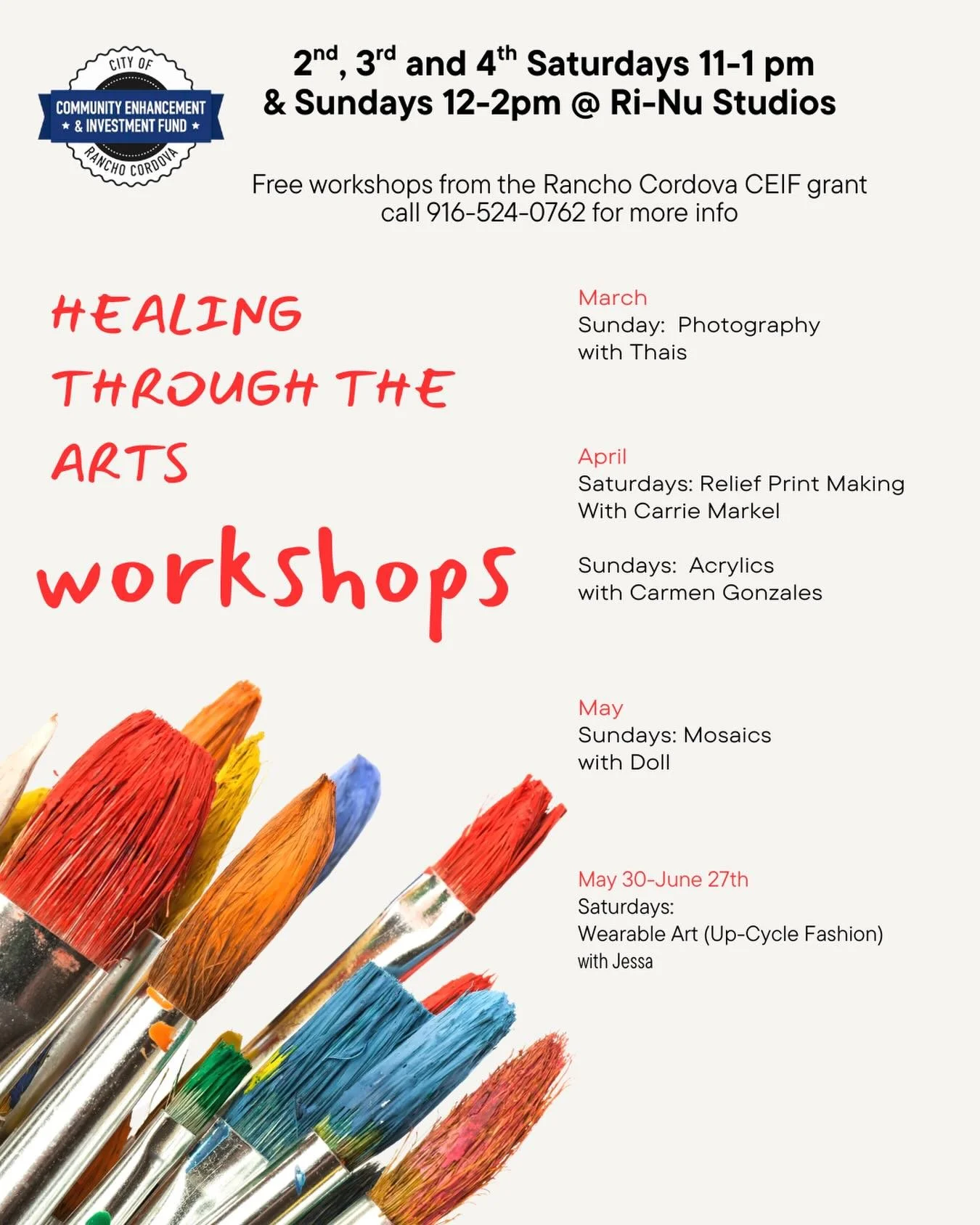 Tomorrow 11-1p Relief Print Making with Carrie Markel, Sunday 12-2p:  Acrylics with Carmen Gonzales