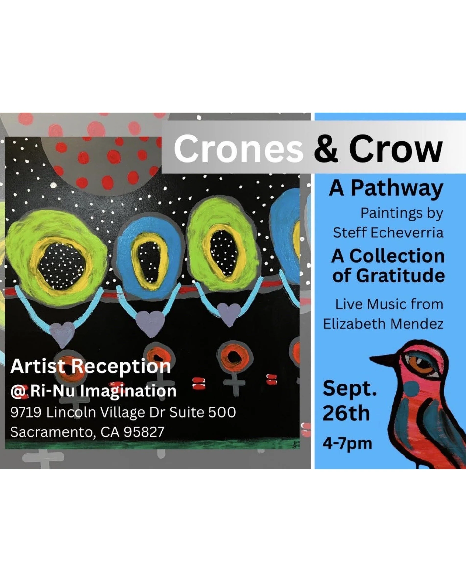 Elizabeth Mendez - Crones &amp; Crow [September 26, 4 - 7 PM]

Todd Damiano - Open Studios Photography [September 19 &amp; 20, 10 AM - 5 PM]