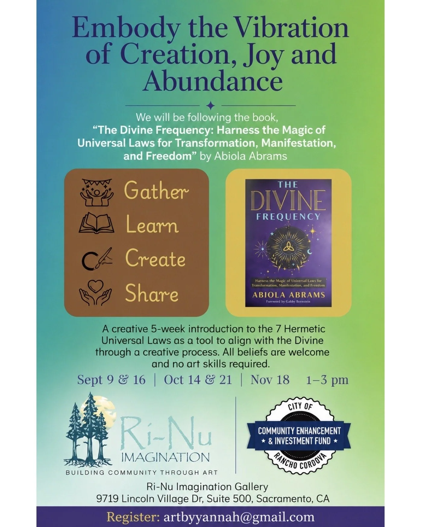 Divine Frequency Workshop [Sep 9 &amp; 16, Oct 14 &amp; 21, Nov 18 from 1 PM - 3 PM] [Register: artbyyannah@gmail.com]