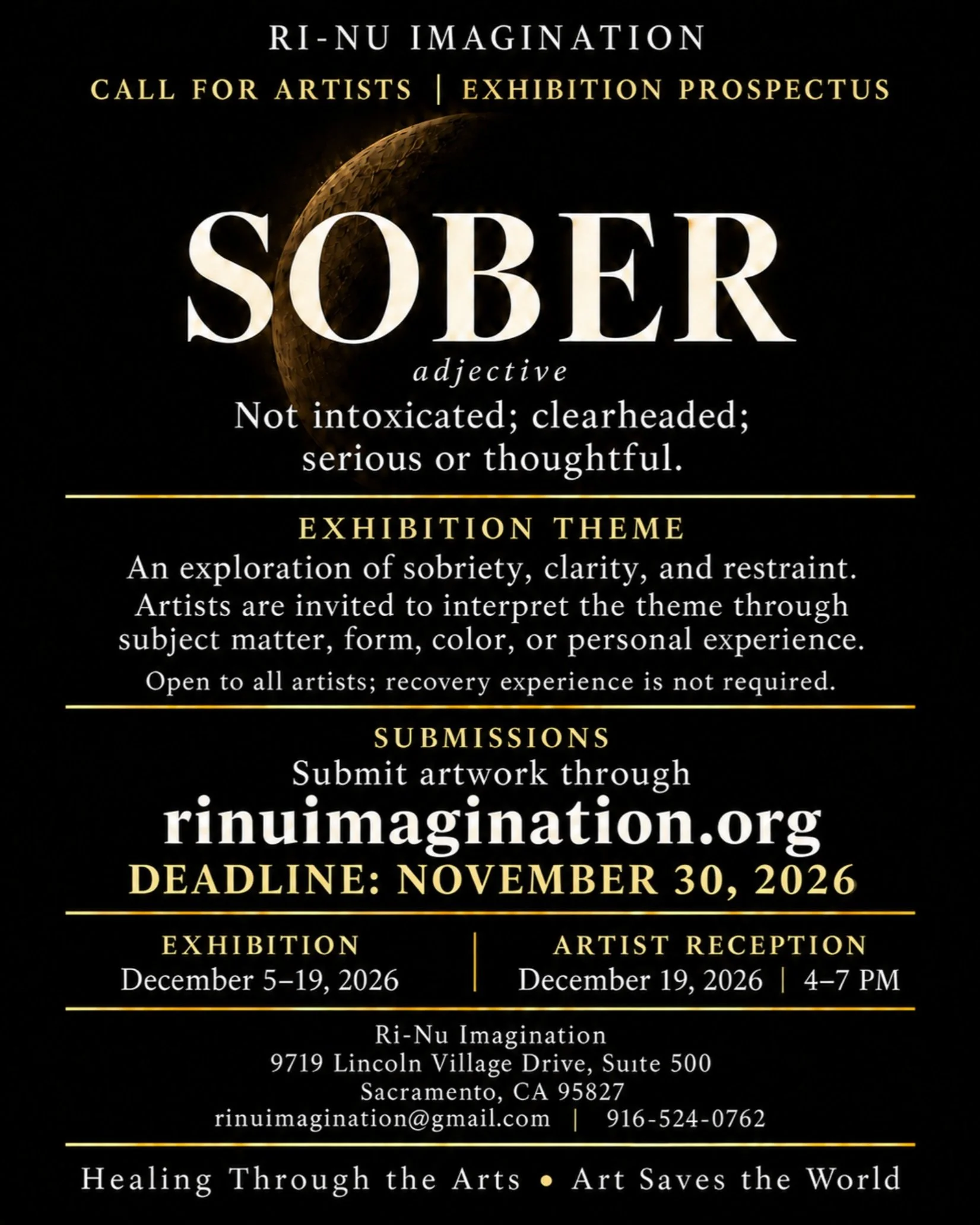 SOBER: Art, Recovery &amp; the Stories We Carry [December 5 - 19, 2026; Artist Reception: December 19, 4 PM - 7 PM]

Call To Artists:
[Submission Deadline: Sunday, November 29, 2026]