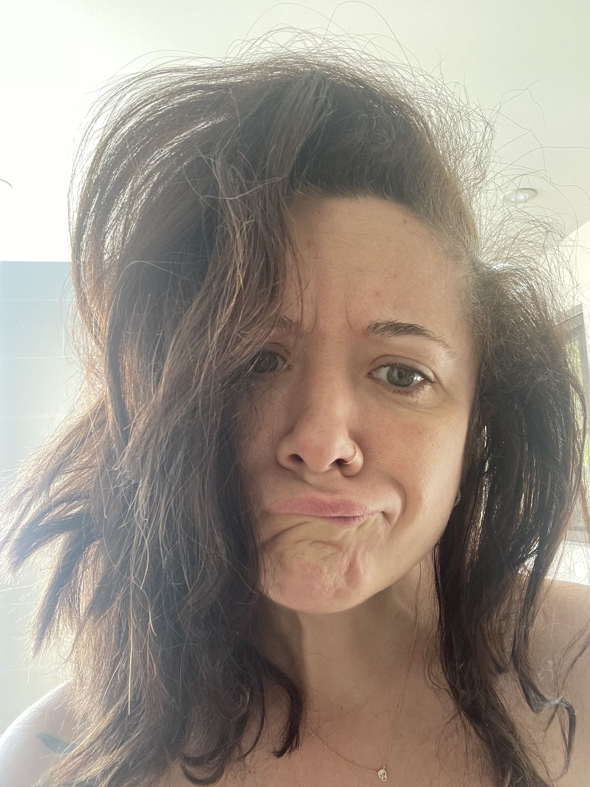 Waking up back in West Sound, and can't find my hair scrunchie. Guess I will scrunch up my face instead. (It is not as effective as it looks.)