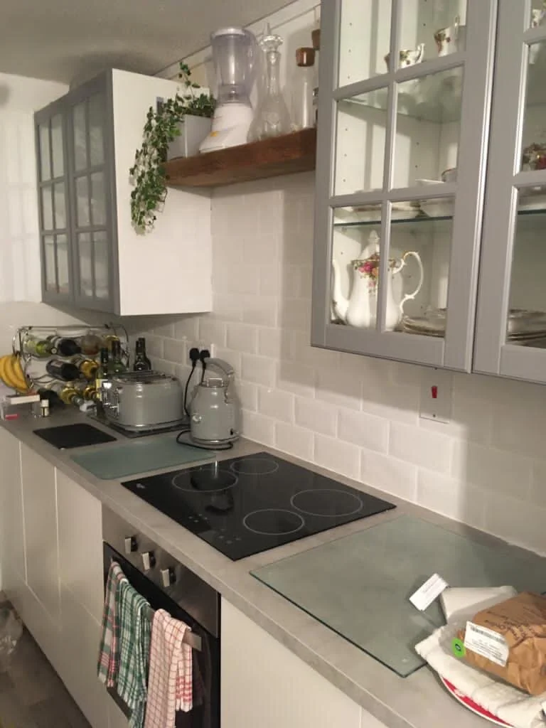 Modern kitchen with white cabinets, glass cabinet doors, electric stove, blender, and decorative plants. Features appliances like a kettle and toaster, with dishware displayed in cabinets.