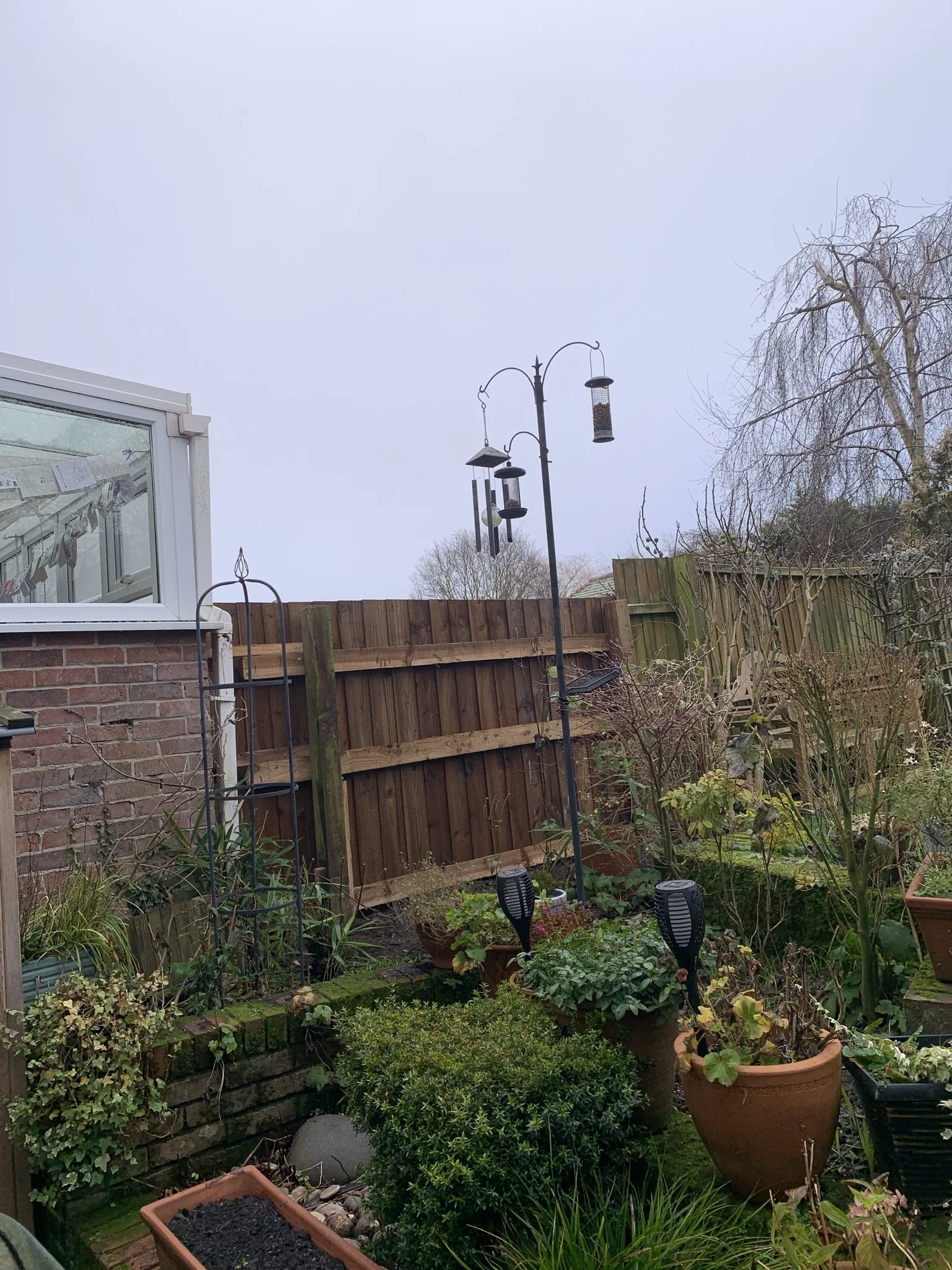 Backyard garden with flower pots, bird feeders, and wooden fence.