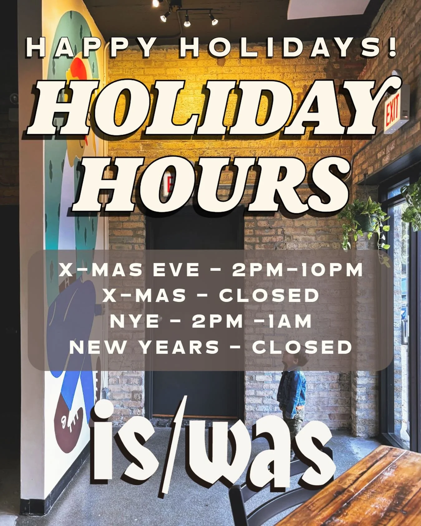 ⏰ Holiday Hours 

X-Mas Eve: 2&ndash;10pm
X-Mas Day: Closed
NYE: 2pm&ndash;1am (more news coming &mdash; guests + treats in the works)
New Year&rsquo;s Day: Closed

Swing by anytime over the holidays &mdash; and don&rsquo;t forget to stock up on bott