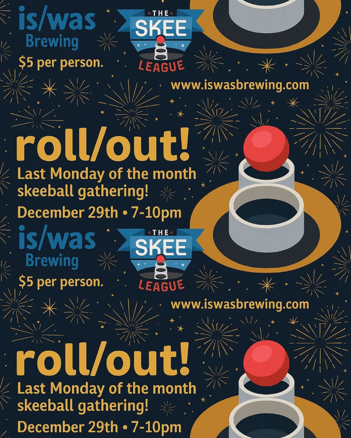 Our next &ldquo;Last Monday of the Month&rdquo; (and year!) skeeball gathering is almost here! RSVP using link in bio! 

📅 Monday, Dec. 29 🕖 7&ndash;10pm 📍 is/was Brewing

Here&rsquo;s how it works ⬇️

💵 First 5 RSVPs who show up roll for FREE ($