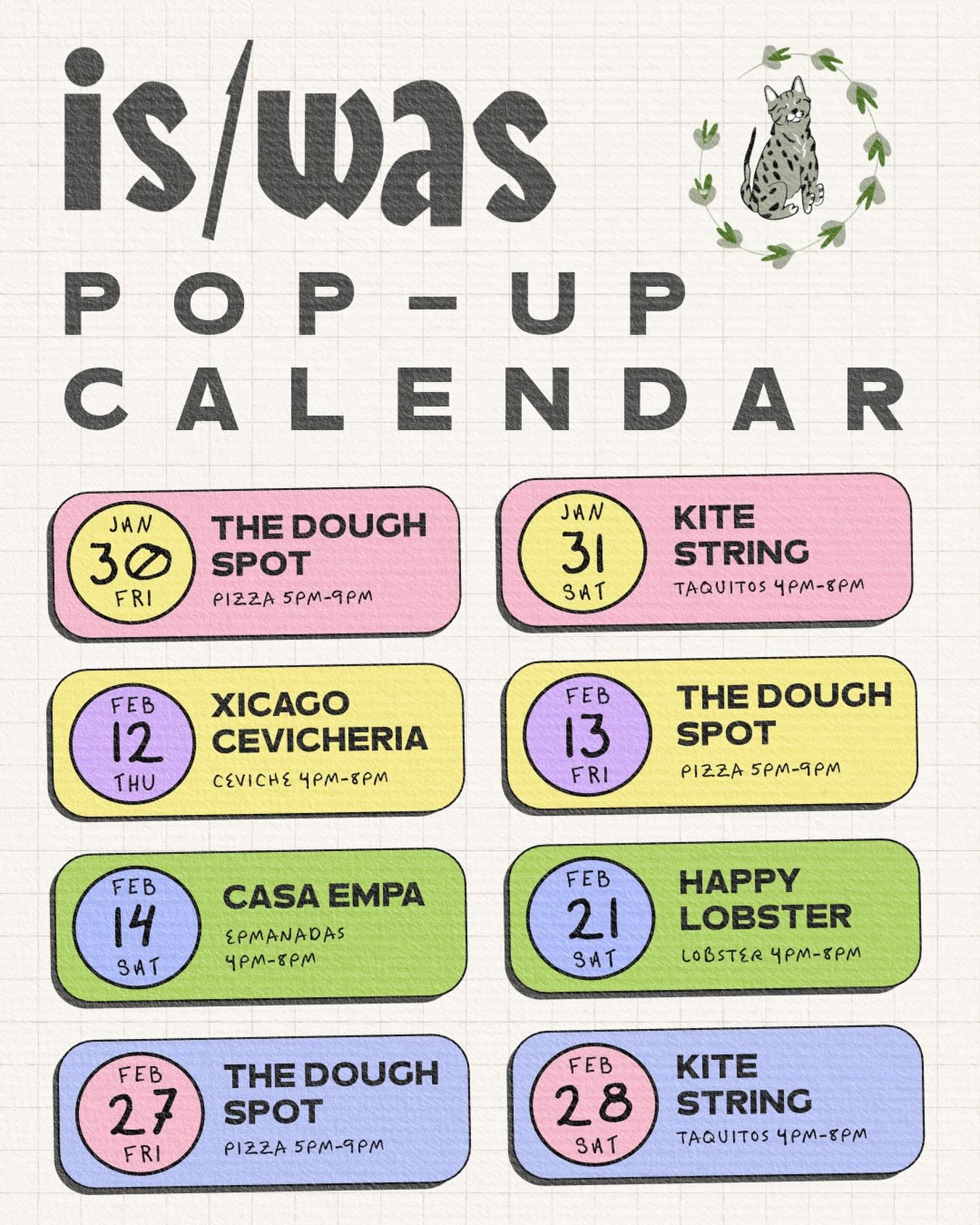 Come warm up this February with one of our pop-up partners! Also keep your eyes peeled for some fun Valentine&rsquo;s Day options. 

🗓 Jan 30 &ndash; Feb 28

📍 Jan 30 (Fri): @the.dough.spot &ndash; Neapolitan-ish Pizza 5-9 PM 🍕
📍 Jan 31 (Sat): @k