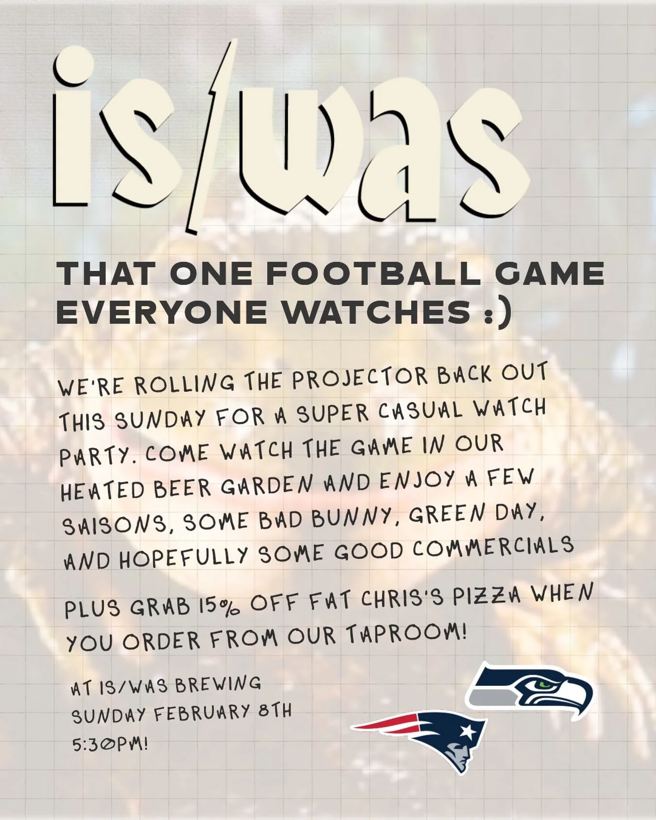 Come watch the big game with us! And don&rsquo;t forget, you get 15% OFF @fatchrispizza when you order from our taproom. 🏈🍕📺🐰