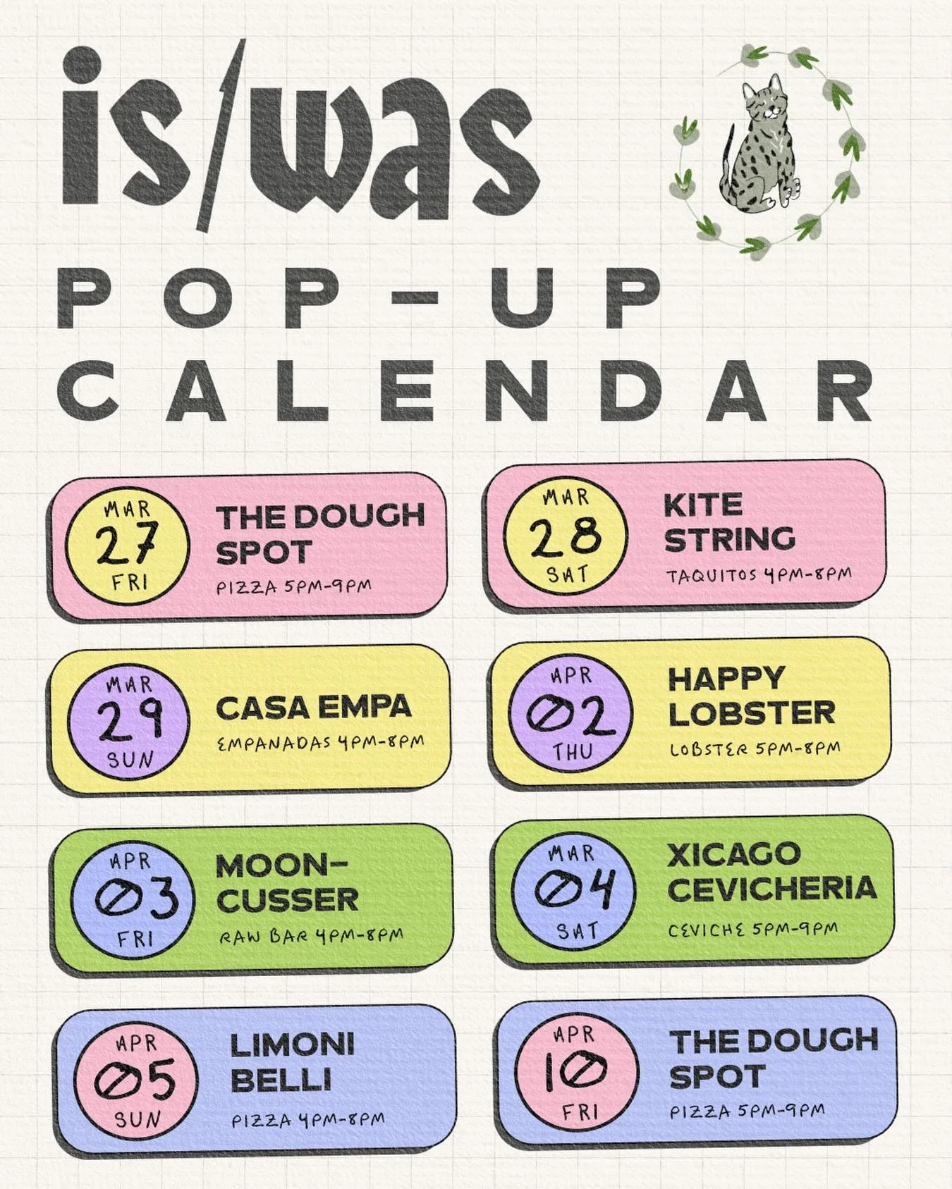 Our pop-up calendar is stacked through early April and the as the weather warms our garage door is going to be open more and more! 

🗓 March 27 &ndash; April 10

Friday, March 27: @the.dough.spot &mdash; Pizza 5&ndash;9 PM 
Saturday, March 28: @kite