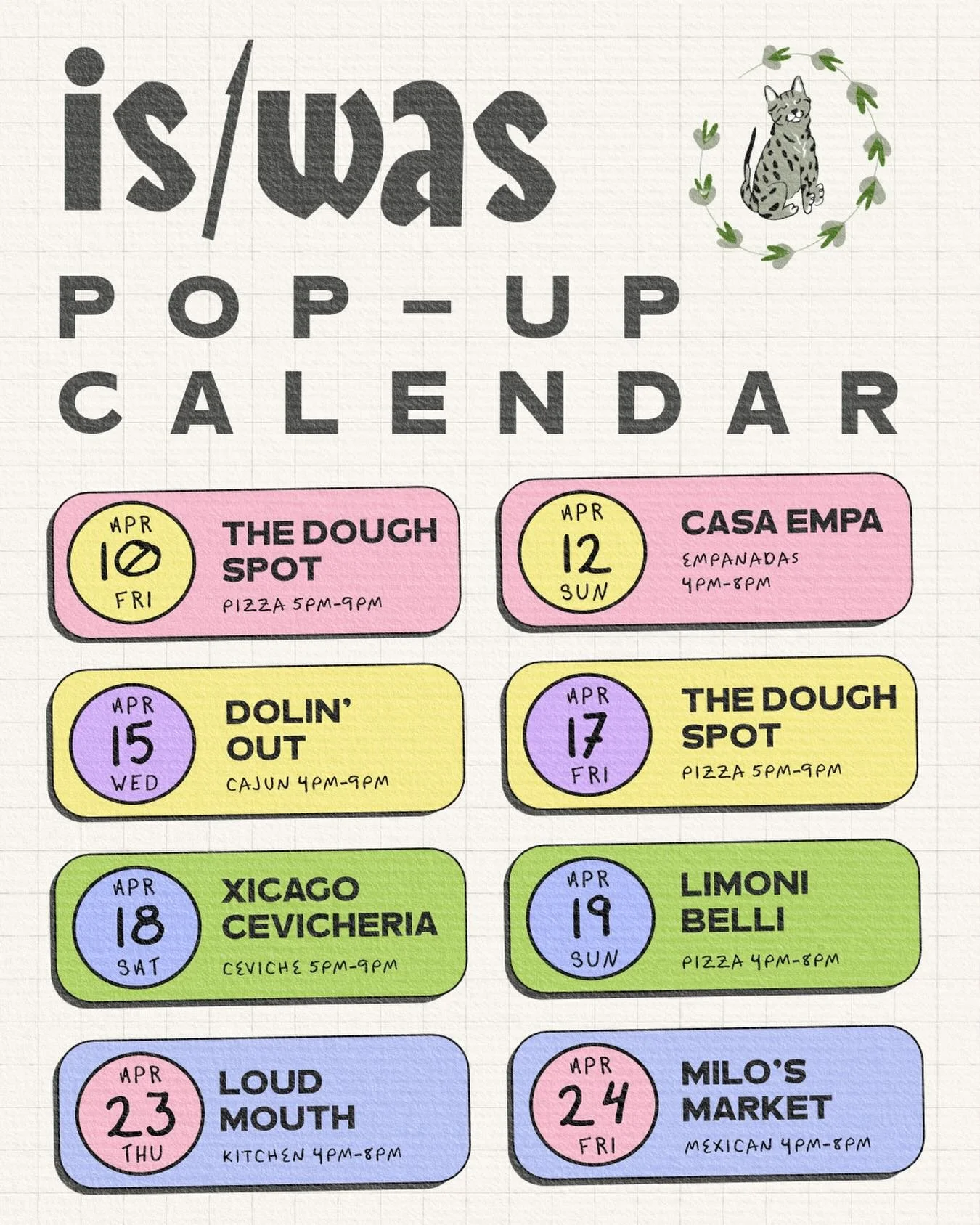 Spring is here and our garage door will be open more and more as the weather improves. Check out this list of amazing pop-ups this month! 

🗓 Apr 10 &ndash; Apr 24

Friday, April 10: @the.dough.spot &mdash; Pizza 5&ndash;9 PM
Sunday, April 12: @casa