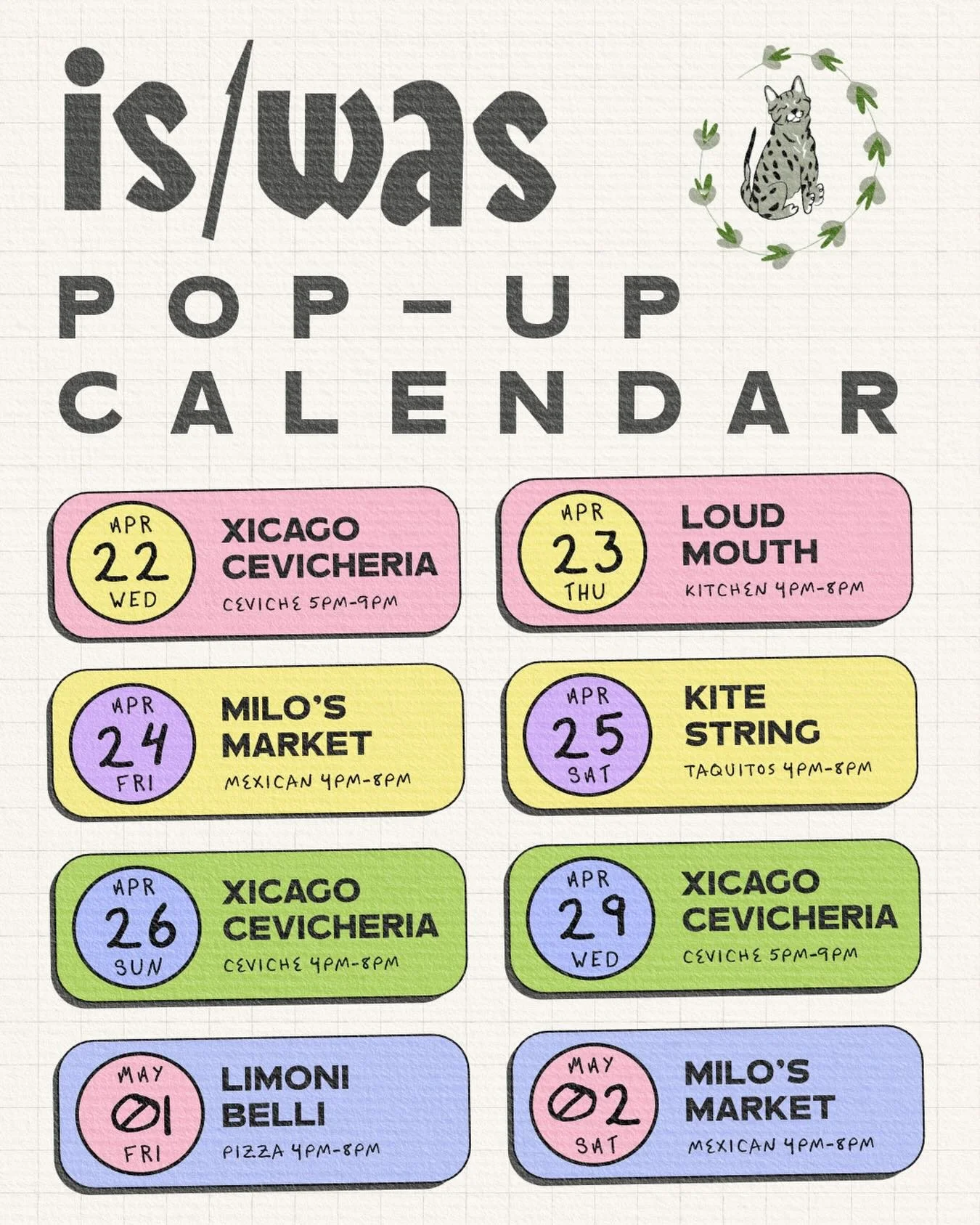 Our pop-up schedule is jammed packed to round out spring &mdash; check out this lineup of amazing pop-ups coming up!

🗓 Apr 22 &ndash; May 2

Wednesday, April 22: @xicagocevicheria &mdash; Ceviche 5&ndash;9 PM 
Thursday, April 23: @loudmouthchi &mda