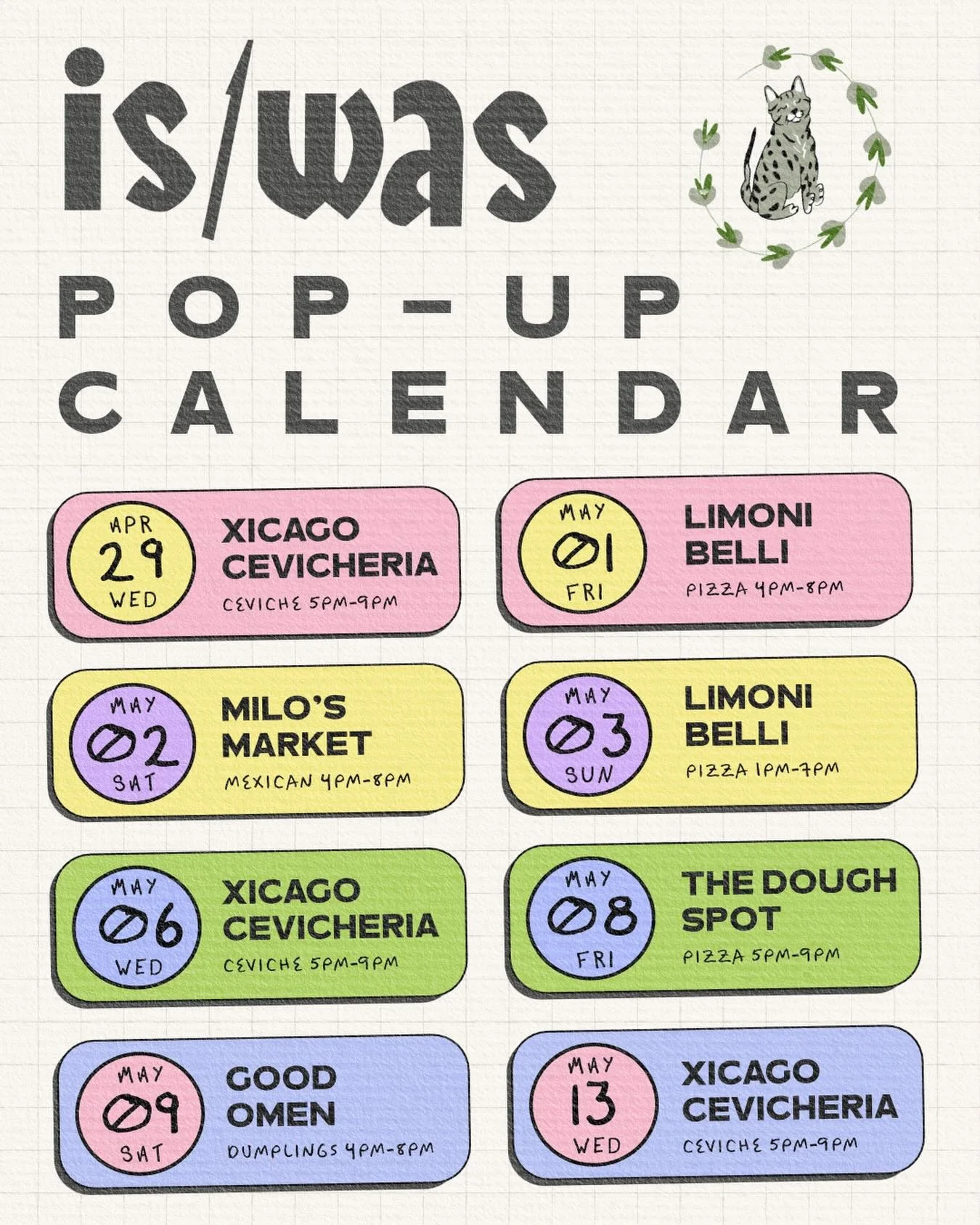 May is here! We&rsquo;ve got some great pop-ups for ya this month. Keep your eyes peeled! 

🗓 Apr 29 &ndash; May 13

Wednesday, April 29: @xicagocevicheria &mdash; Ceviche 5&ndash;9 PM 
Friday, May 1: @limonibelli &mdash; Pizza 4&ndash;8 PM 
Saturda