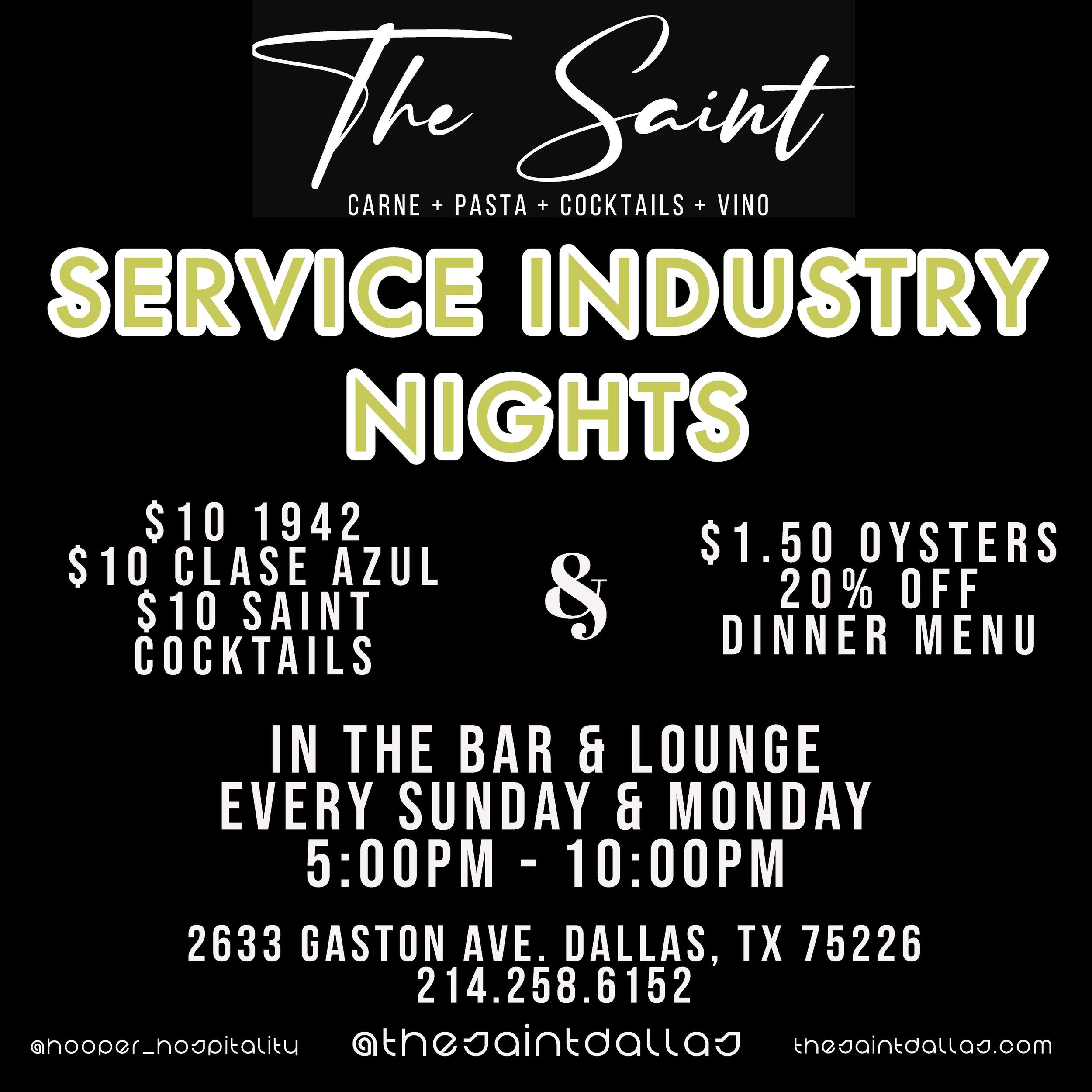 It&rsquo;s Sunday Funday!! Service Industry Nights in the Bar and Lounge tonight and Monday at The Saint!!