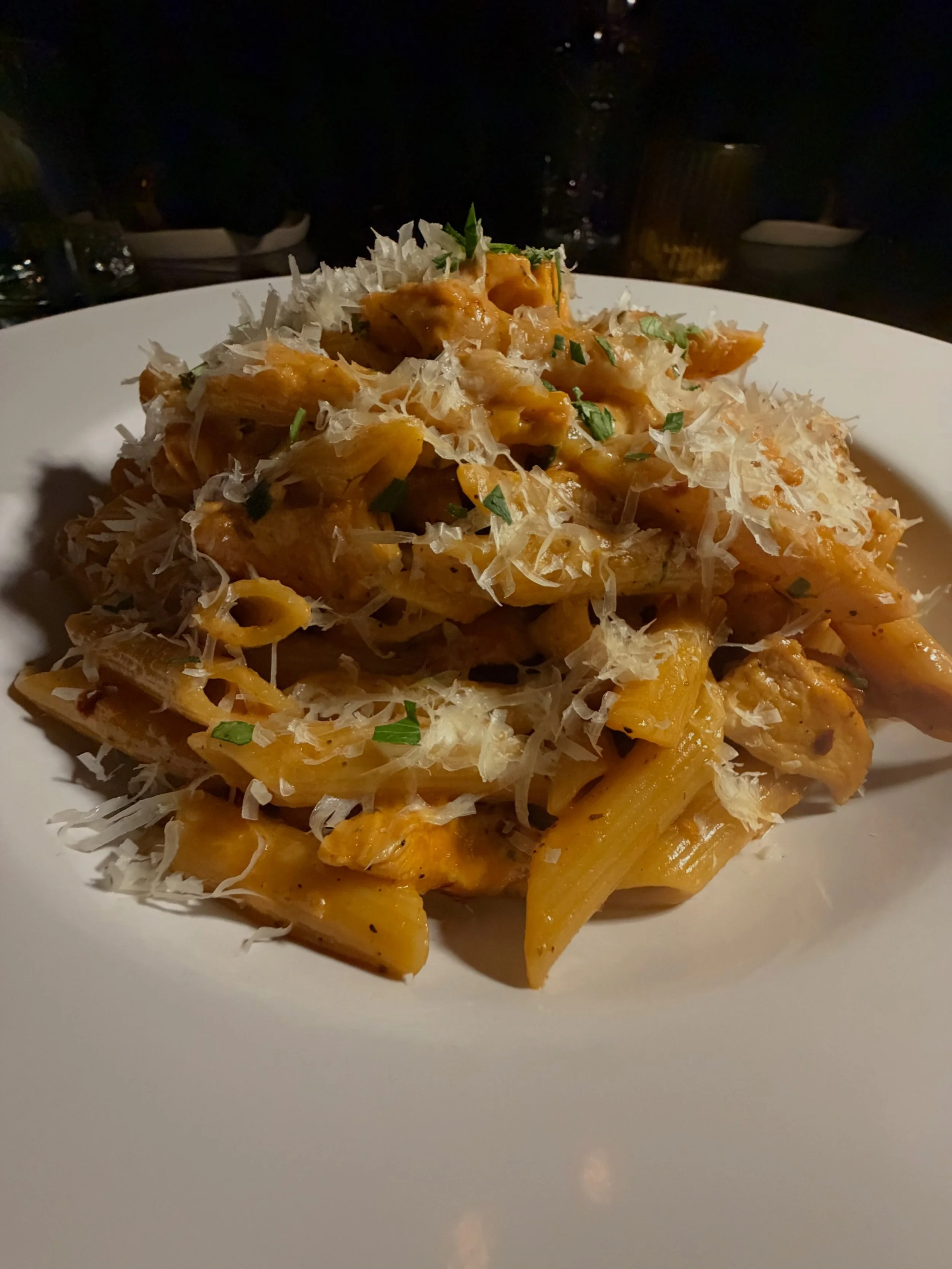 New Fall Pasta dishes rolling out at The Saint, featuring our Penne Alla Vodka, made with Amish Chicken, Tito&rsquo;s Vodka, and finished with Parmigiano.