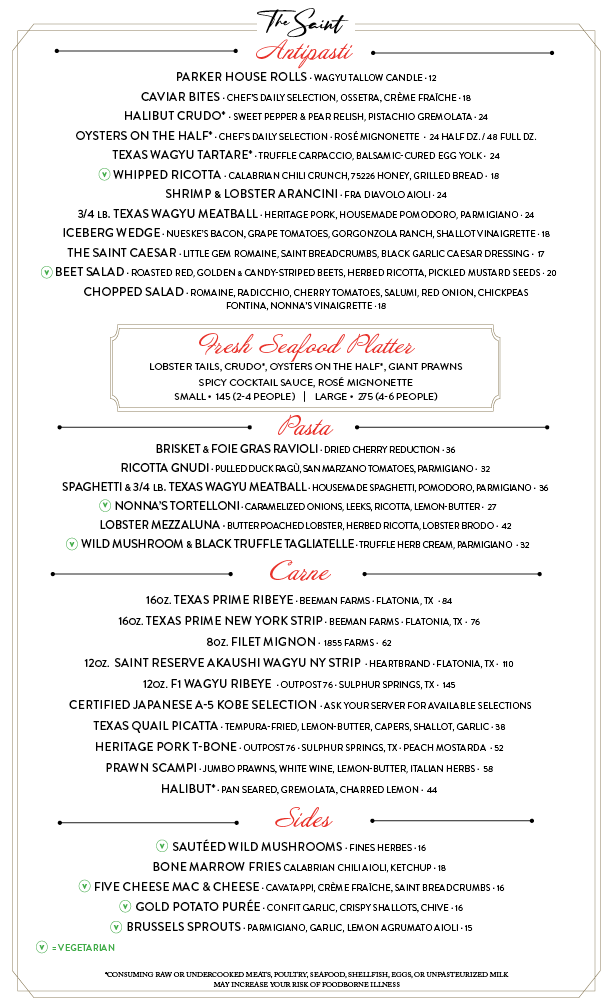 Dinner Menu from The Saint Antipasti restaurant featuring sections for different dishes including Parker House Rolls, Caviar Bites, Halibut Crudo, Oysters, Texas Wagyu Tartare, Whipped Ricotta, Shrimp and Lobster Arcini, and salads.