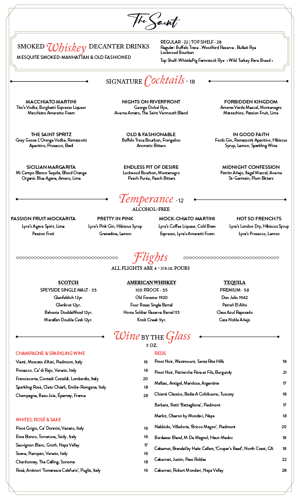 A bar menu titled 'The Saint' featuring whiskey, cocktails, flights, wine, and champagne & sparkling wine options. Includes sections for decanter drinks, signature cocktails, temperance, flights, wine by the glass, and champagne.