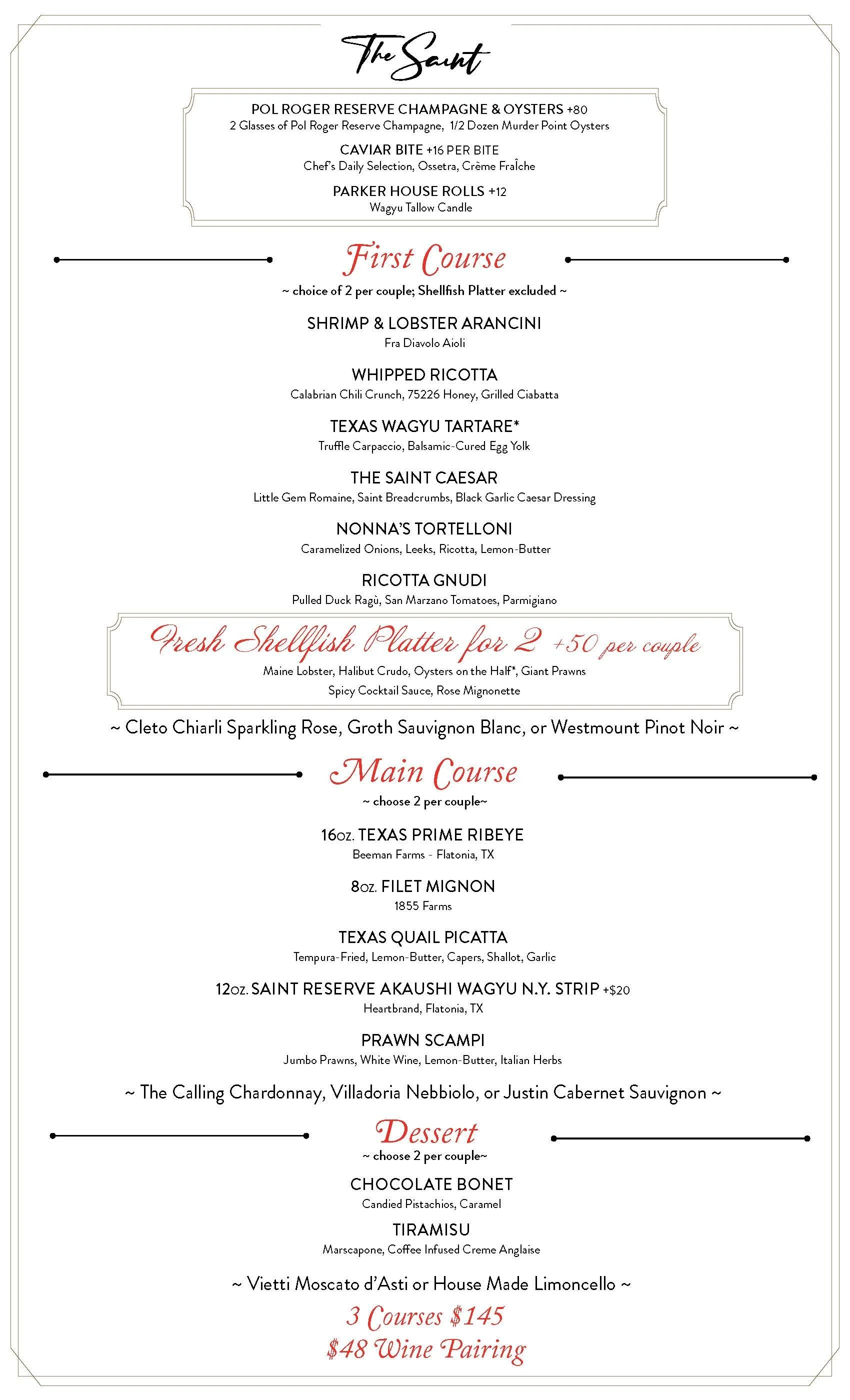 Valentines Day menu with sections for first course, fresh shellfish platter for two, main course, and dessert, including wine pairing options.