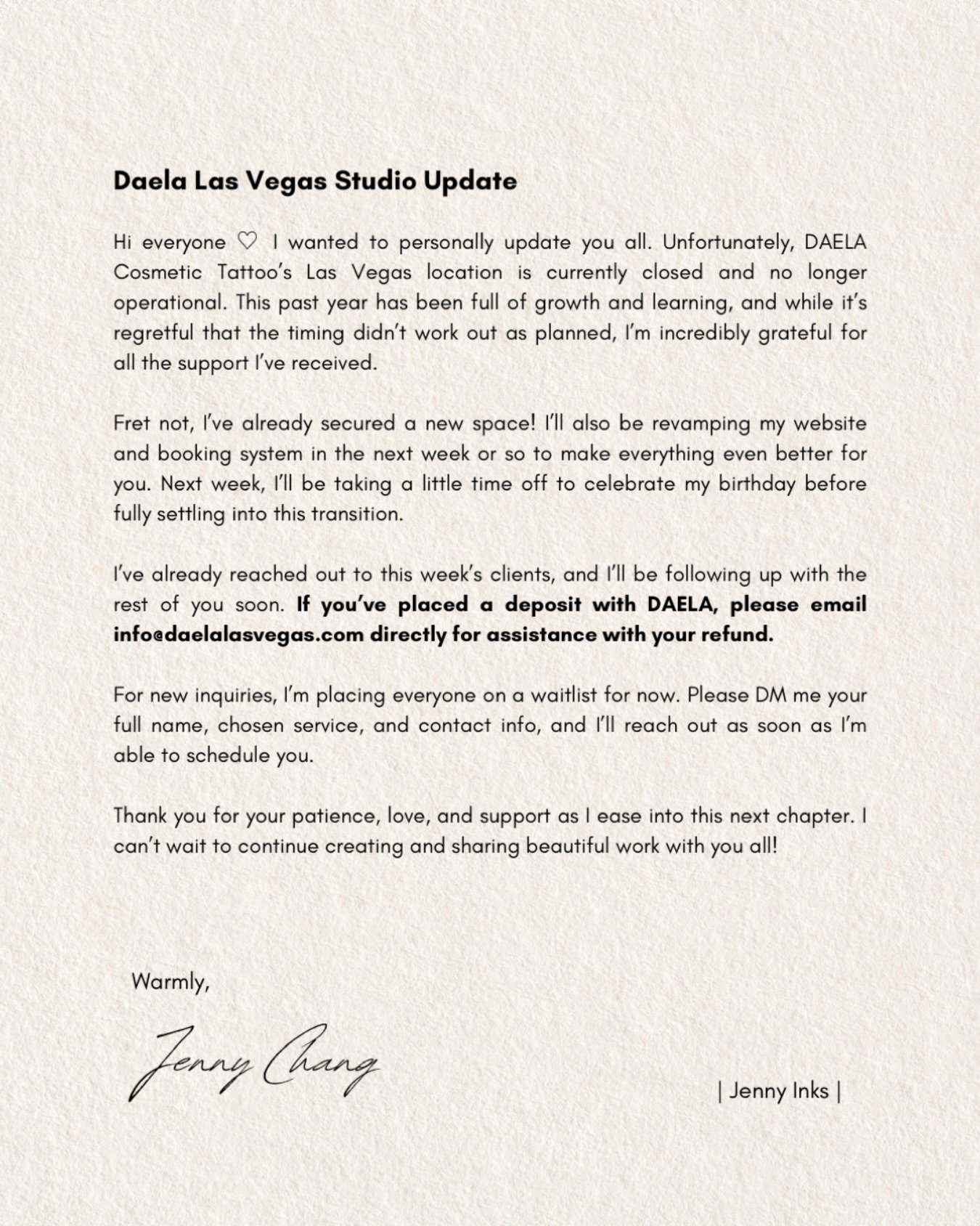 &ldquo;👏👏 Everyone, I have an announcement&rdquo; as Glinda would say.

Daela Las Vegas Studio Update

Hi everyone ♡ I wanted to personally update you all. Unfortunately, DAELA Cosmetic Tattoo&rsquo;s Las Vegas location is currently closed and no l