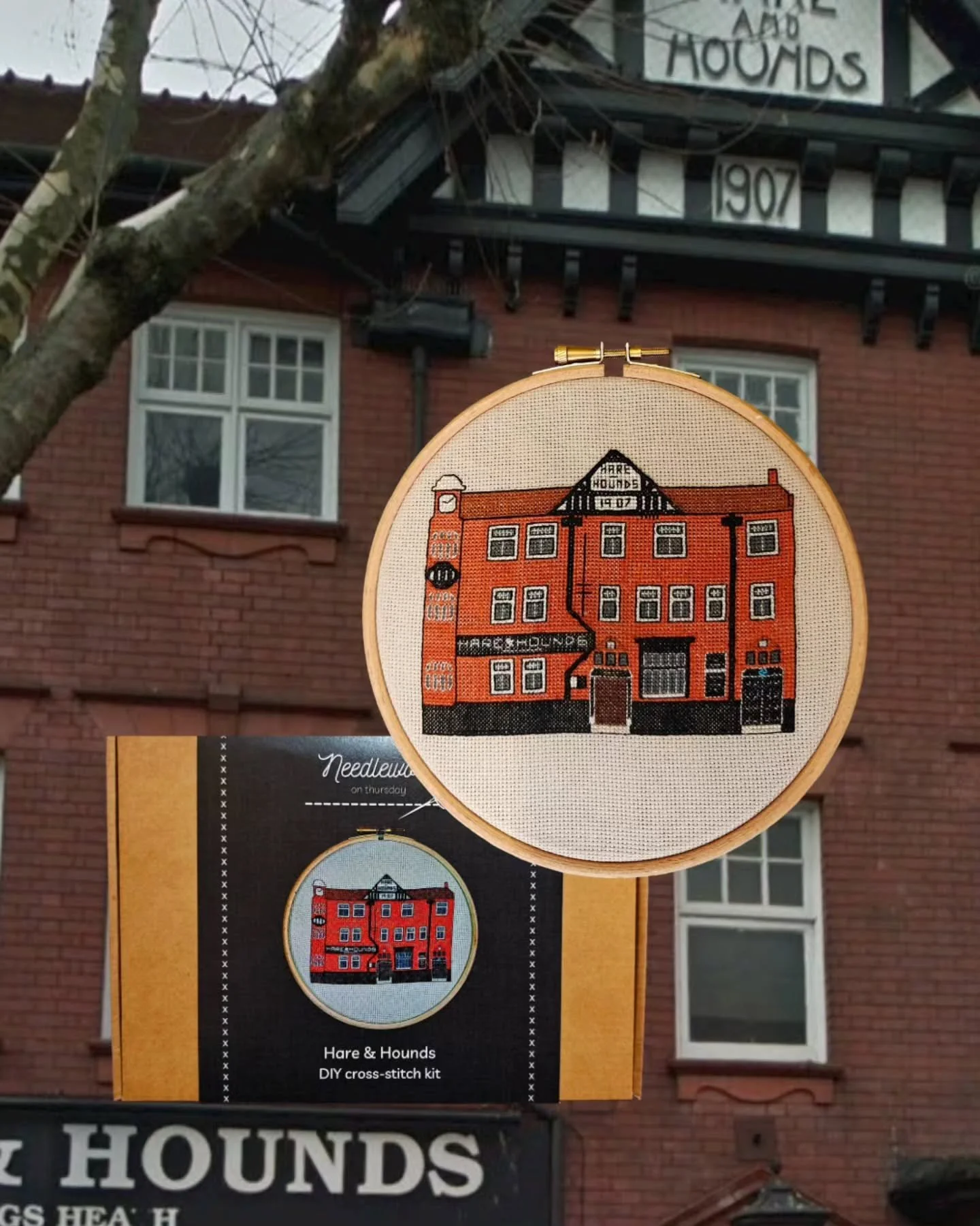 You know that feeling when you're not in the pub and you miss being in the pub? 😔🍻 One way of dealing with this is to cross-stitch your favourite pub so that it's always with you at home. 🥰 Plus my DIY kits are portable enough to take with you to 