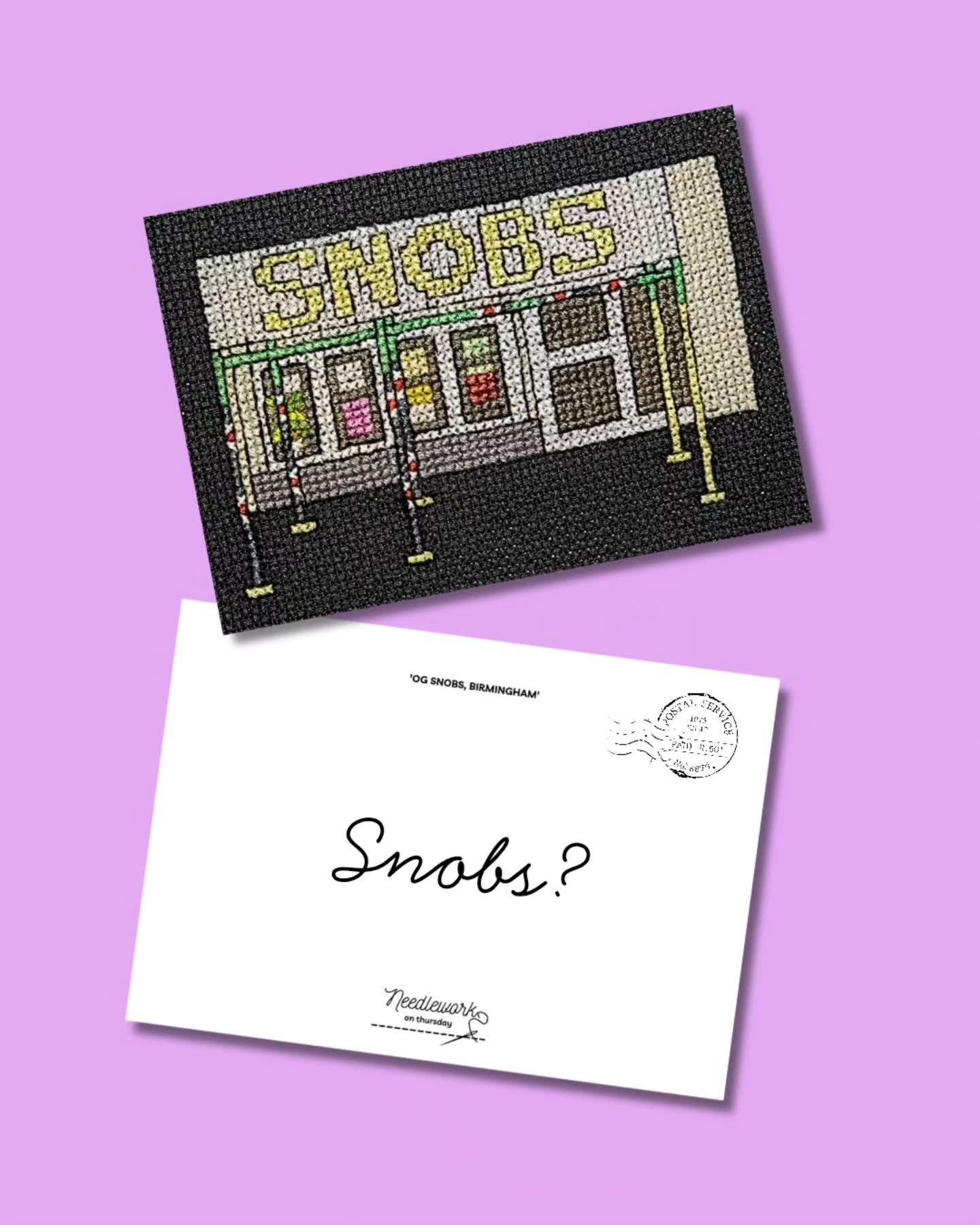 Brummie cross-stitch postcards available at @redbrickmarket_birmingham to send to that mate who always gets the shots in. 🕺🏻

If you're looking for a postbox I believe @bozzersinbrum can point you in the right direction! ✉️