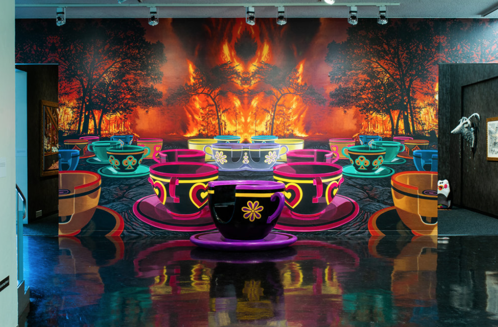 Who Left the Kettle On Installation, oil on canvas, custom wall covering, fiberglass tea cup, 2020
