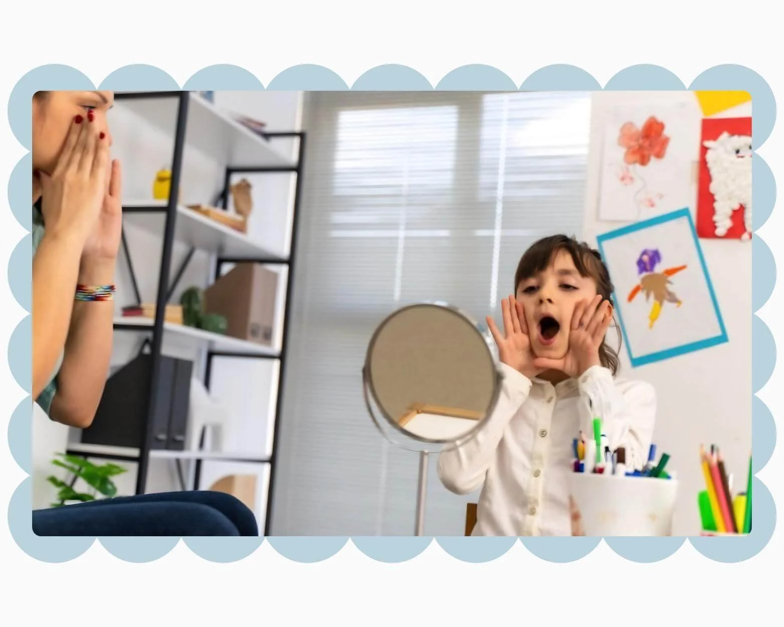 Child practicing articulation and mouth movements with a speech therapist using a mirror during an in-home therapy session