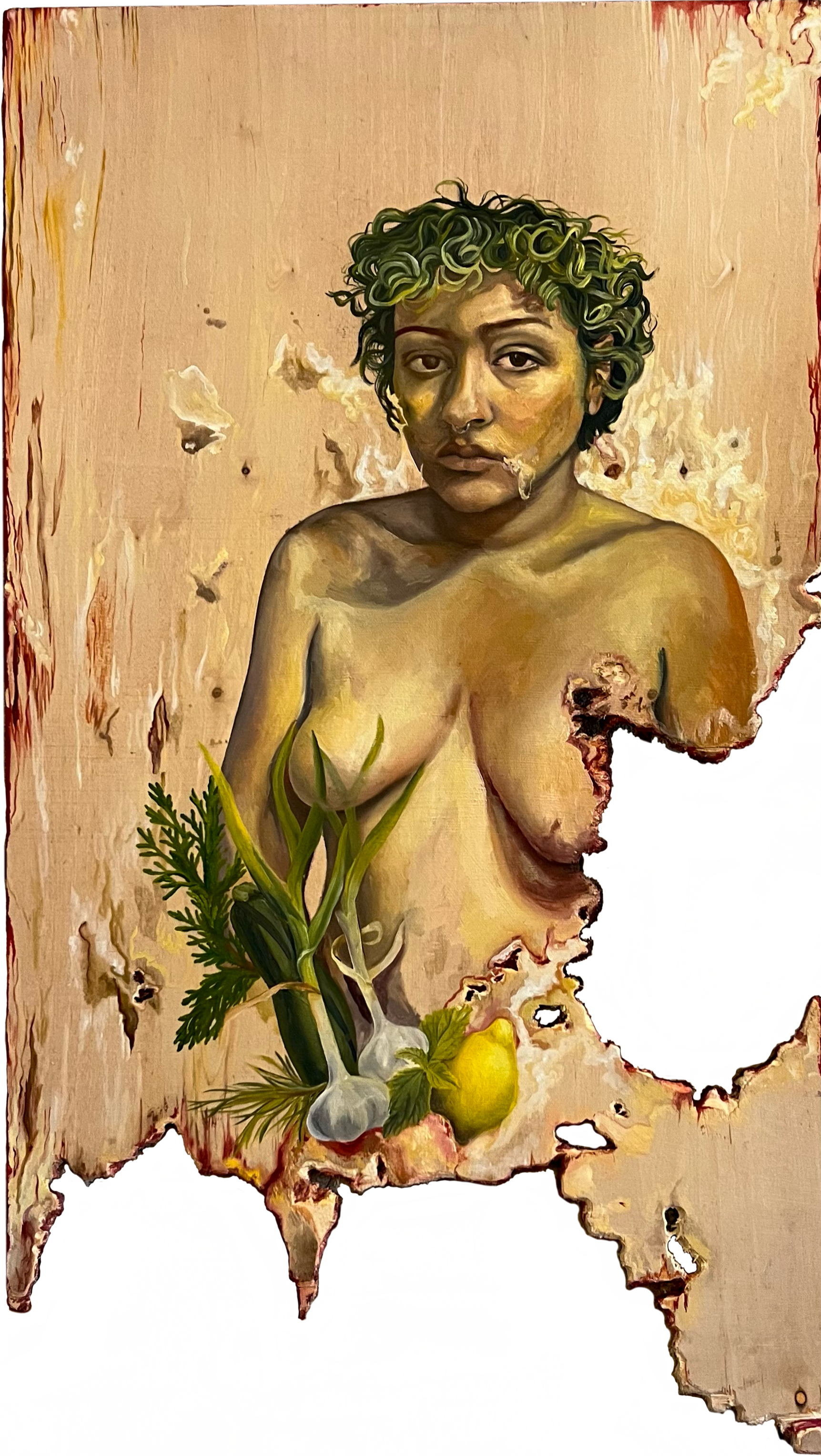 Before Boundaries, 18”x32”, oil & blood on wood, 2022