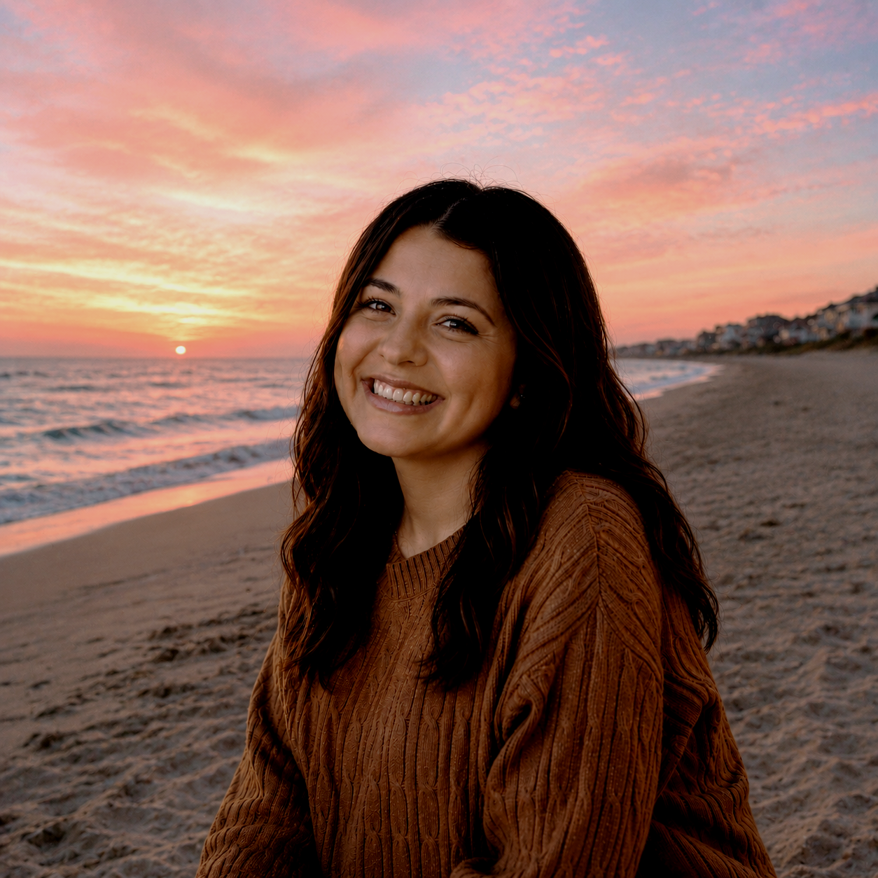 A smiling young woman with dark hair sitting on a sandy beach during sunset, with pastel pink and orange sky, ocean waves, and houses in the distance.