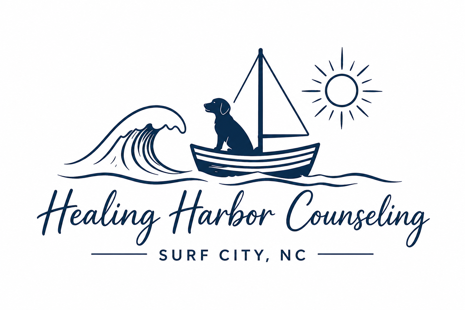Logo for Healing Harbor Counseling in Surf City, NC, featuring a sailboat with a dog on board, a wave, a sun, and elegant text.