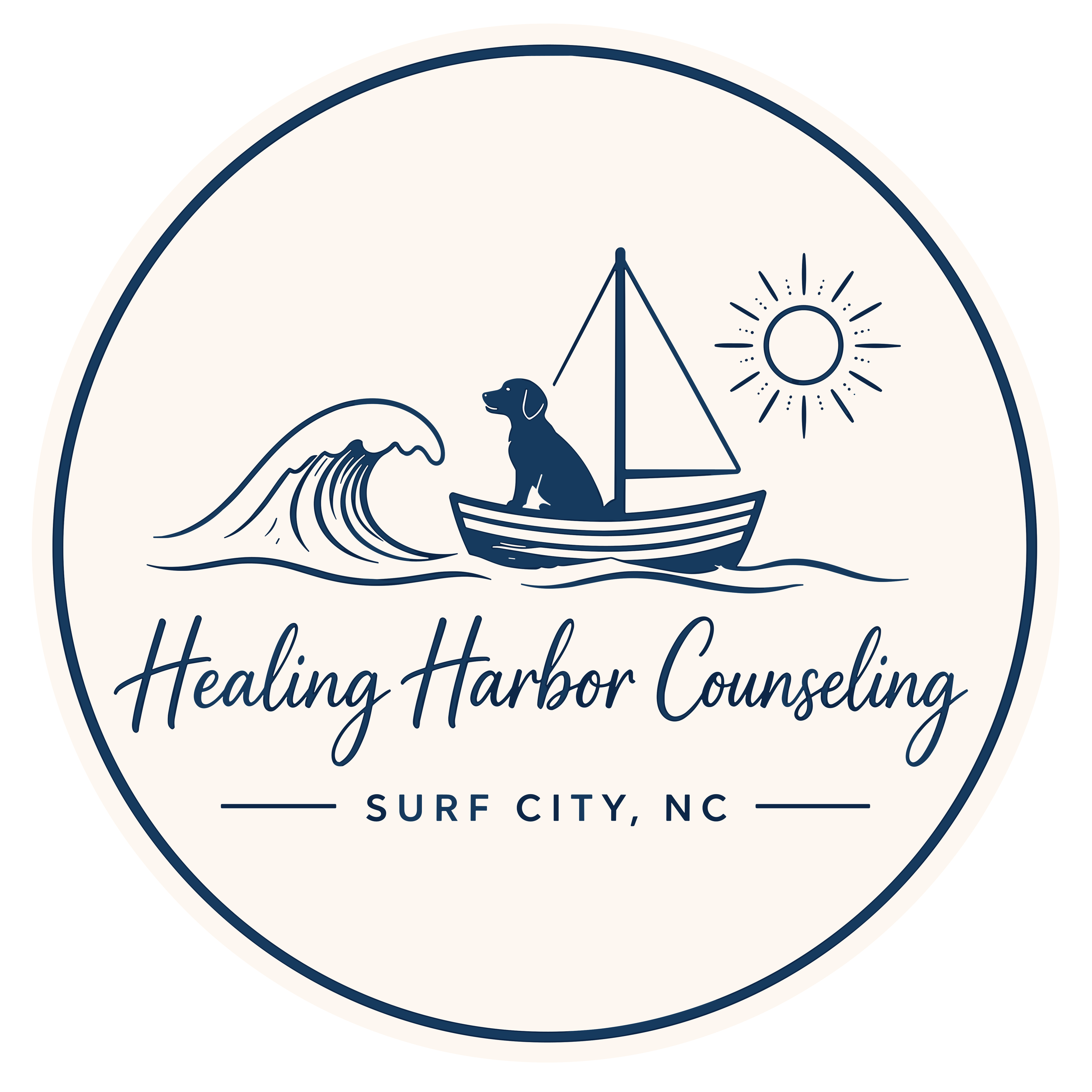 A circular logo with a beach and ocean scene, featuring a wave, a dog on a boat, a sun, and the text "Healing Harbor Counseling SURF CITY, NC."