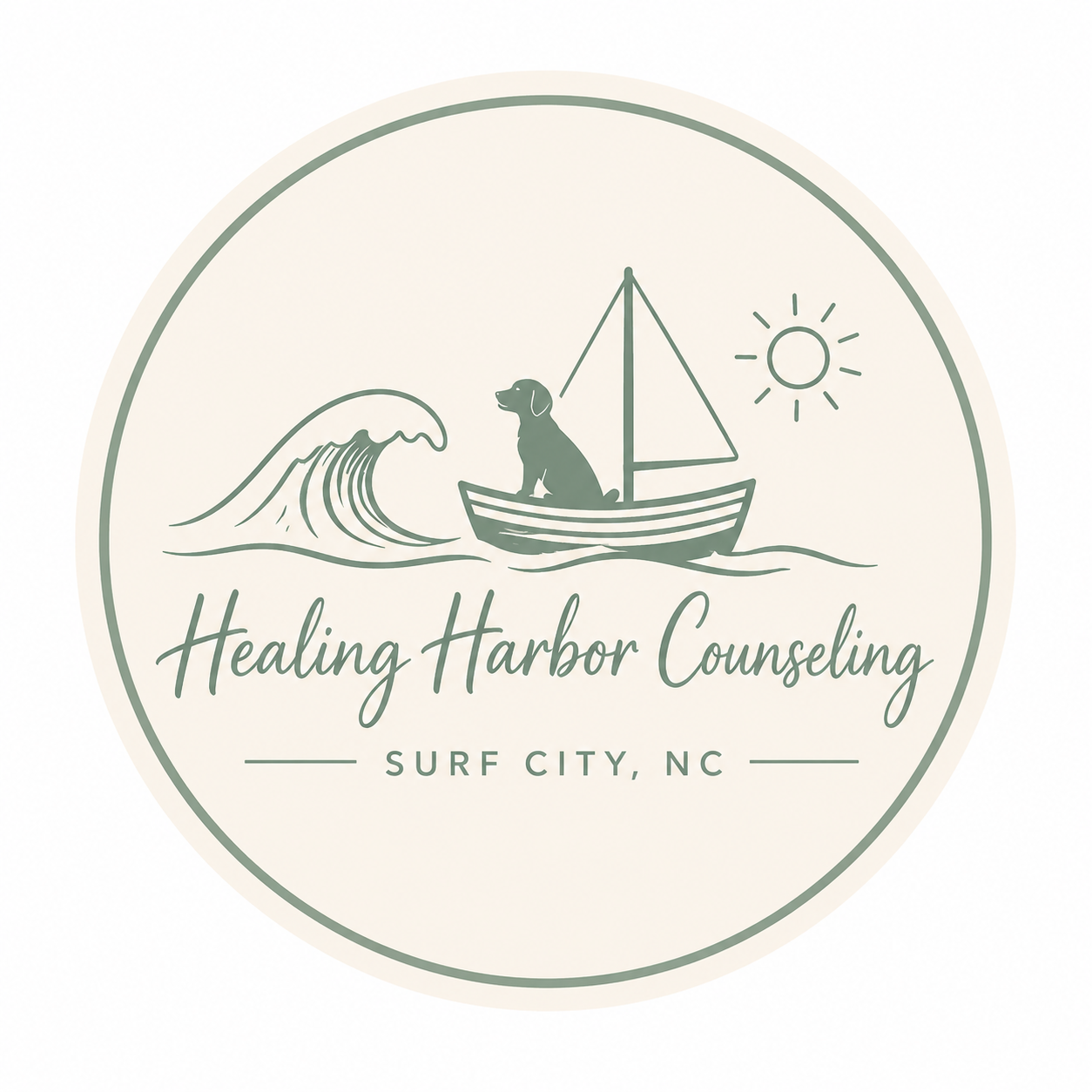 Logo for Healing Harbor Counseling featuring a dog on a boat, waves, a sun, and the text 'Healing Harbor Counseling, Surf City, NC' in a circular design.