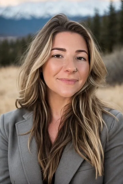 A young woman with long, wavy blonde hair and a nose ring, smiling outdoors in a field with trees and mountains in the background.
